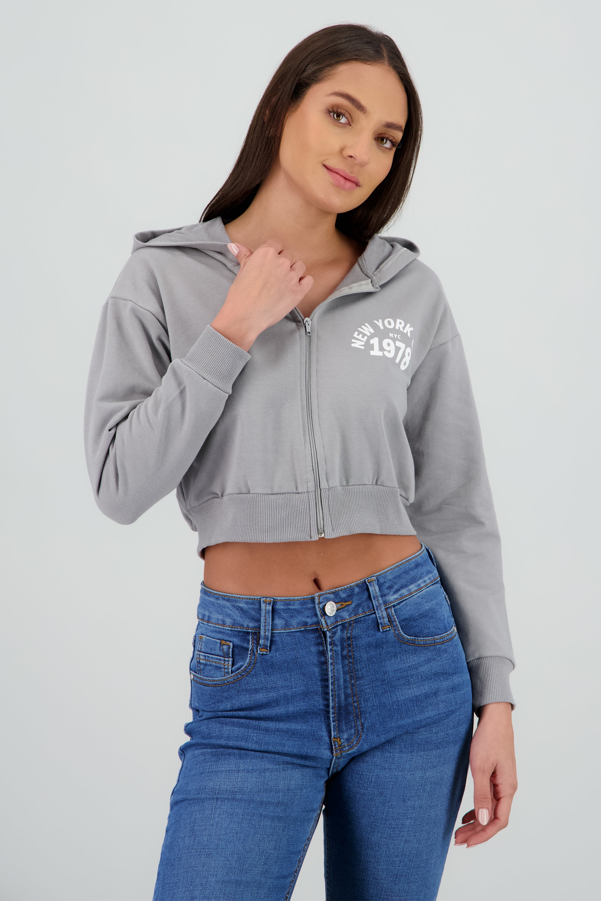 Sudadera crop cierre new york GRIS