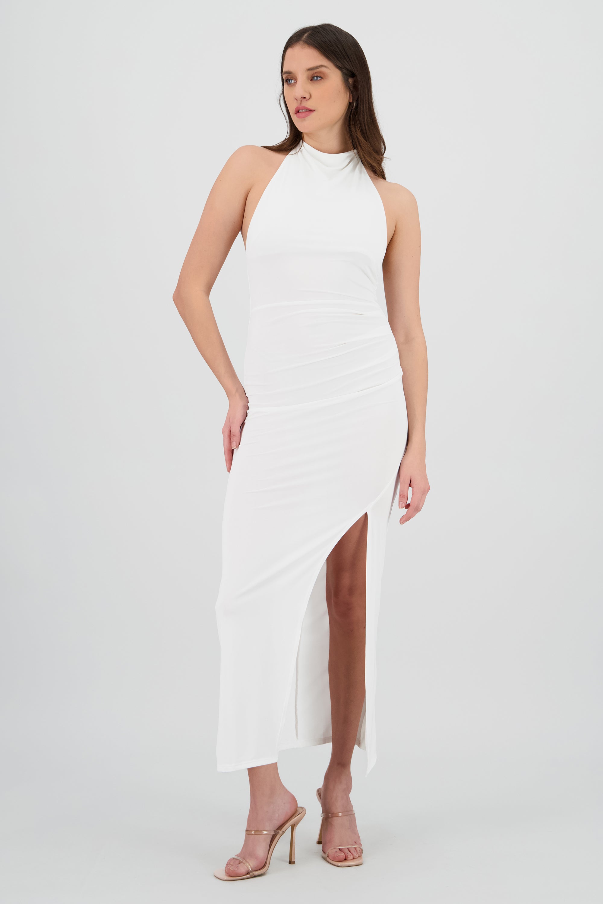 Vestido maxi halter drapeado BLANCO