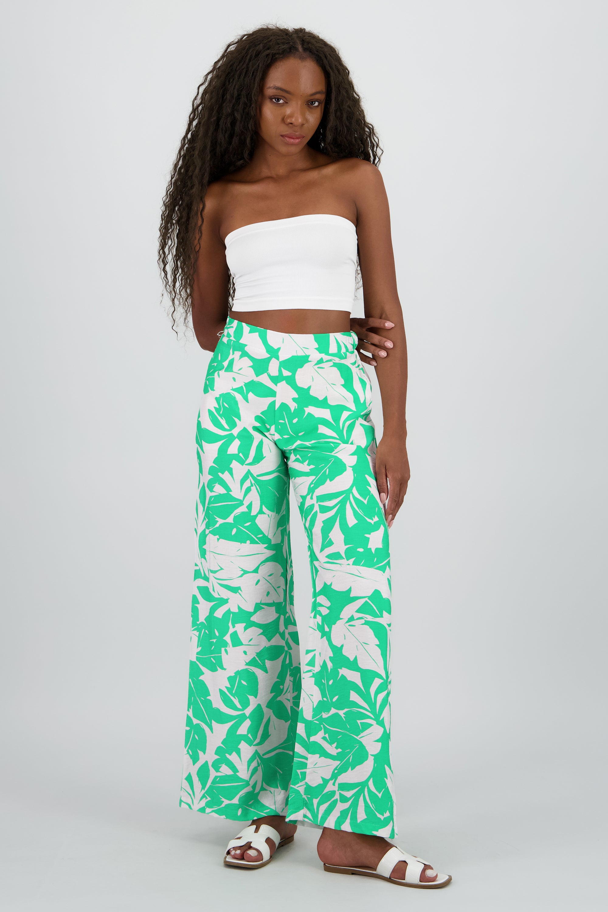 Pantalon fluido tropical pretina ancha VERDE COMBO