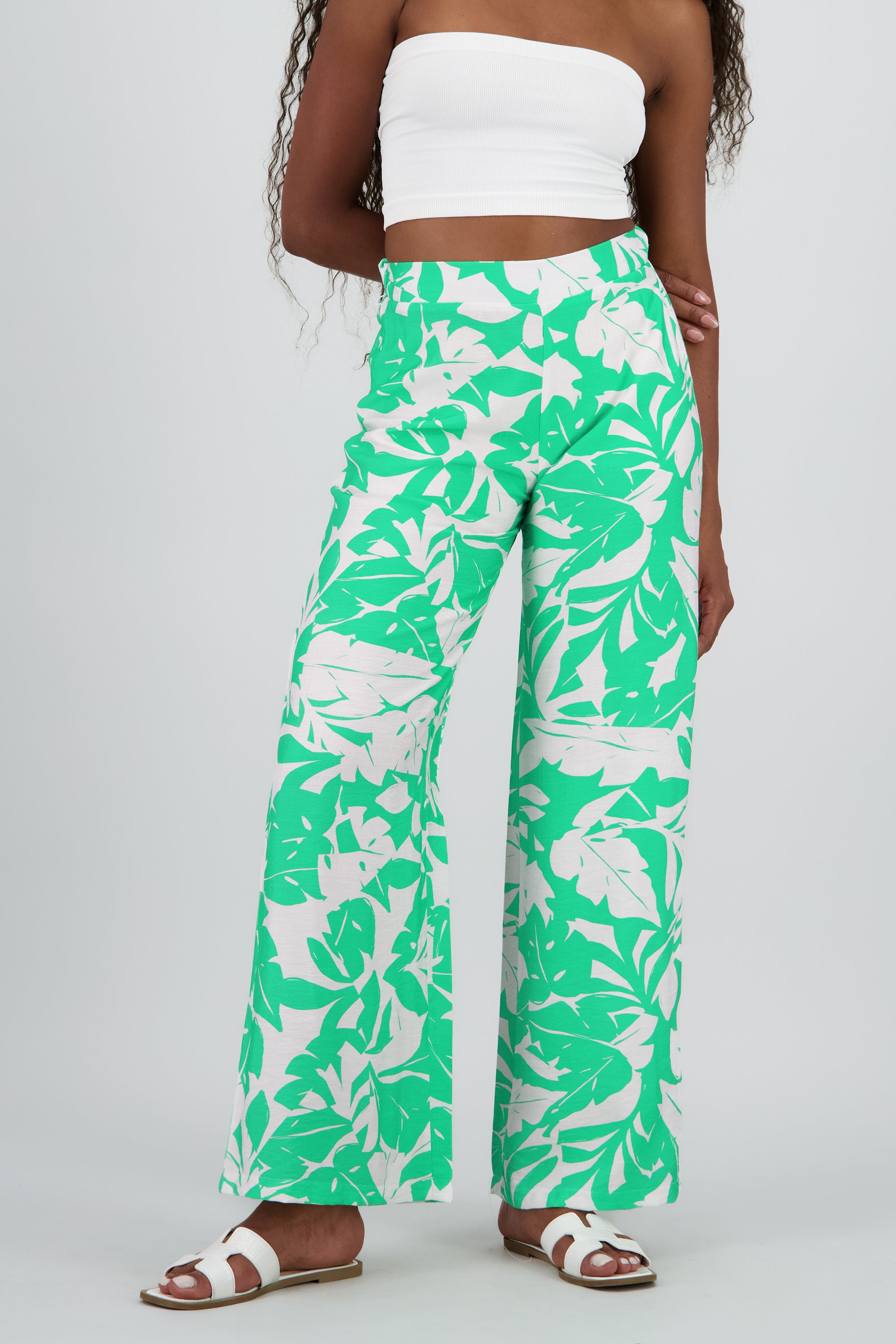 Pantalon fluido tropical pretina ancha VERDE COMBO