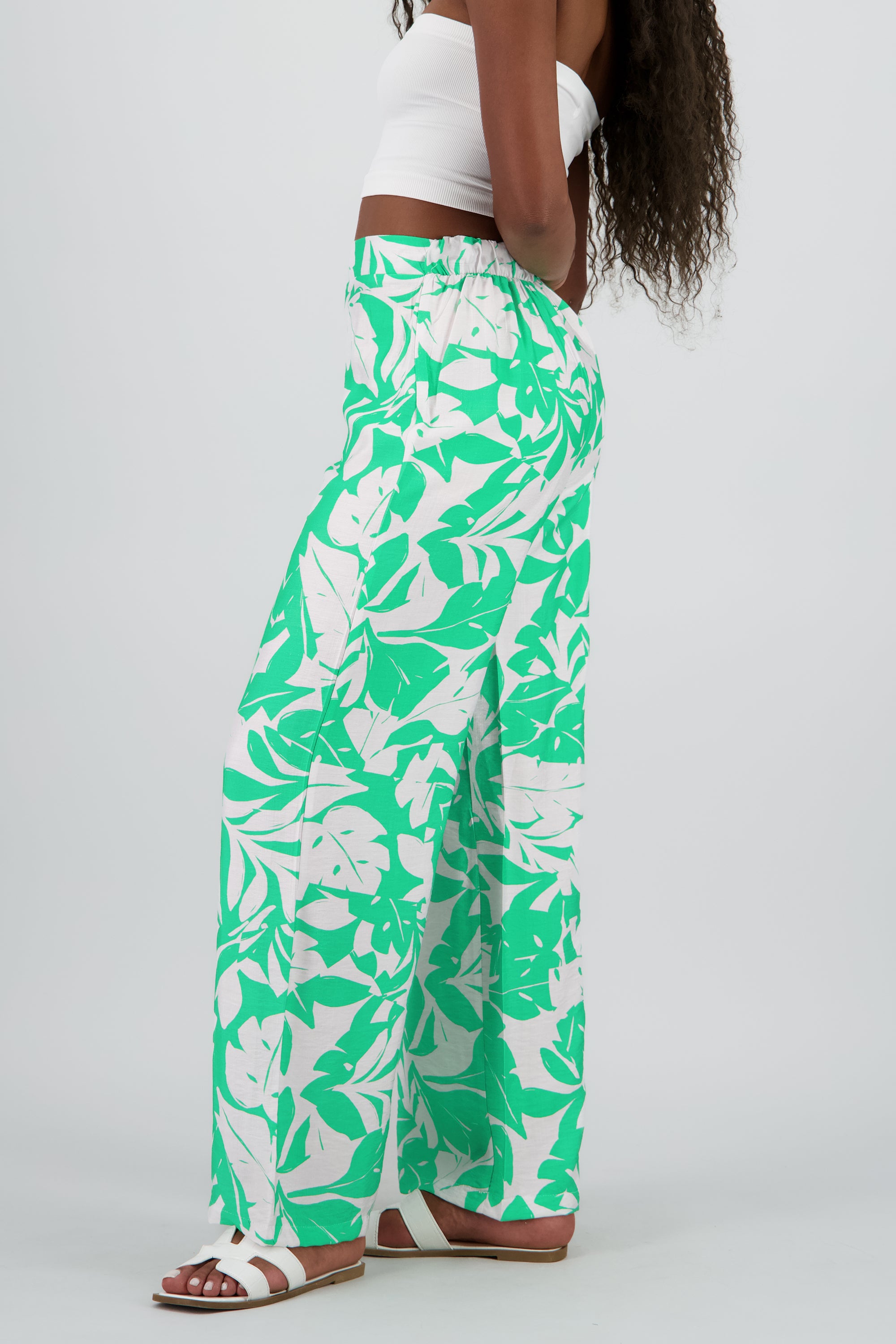 Pantalon fluido tropical pretina ancha VERDE COMBO