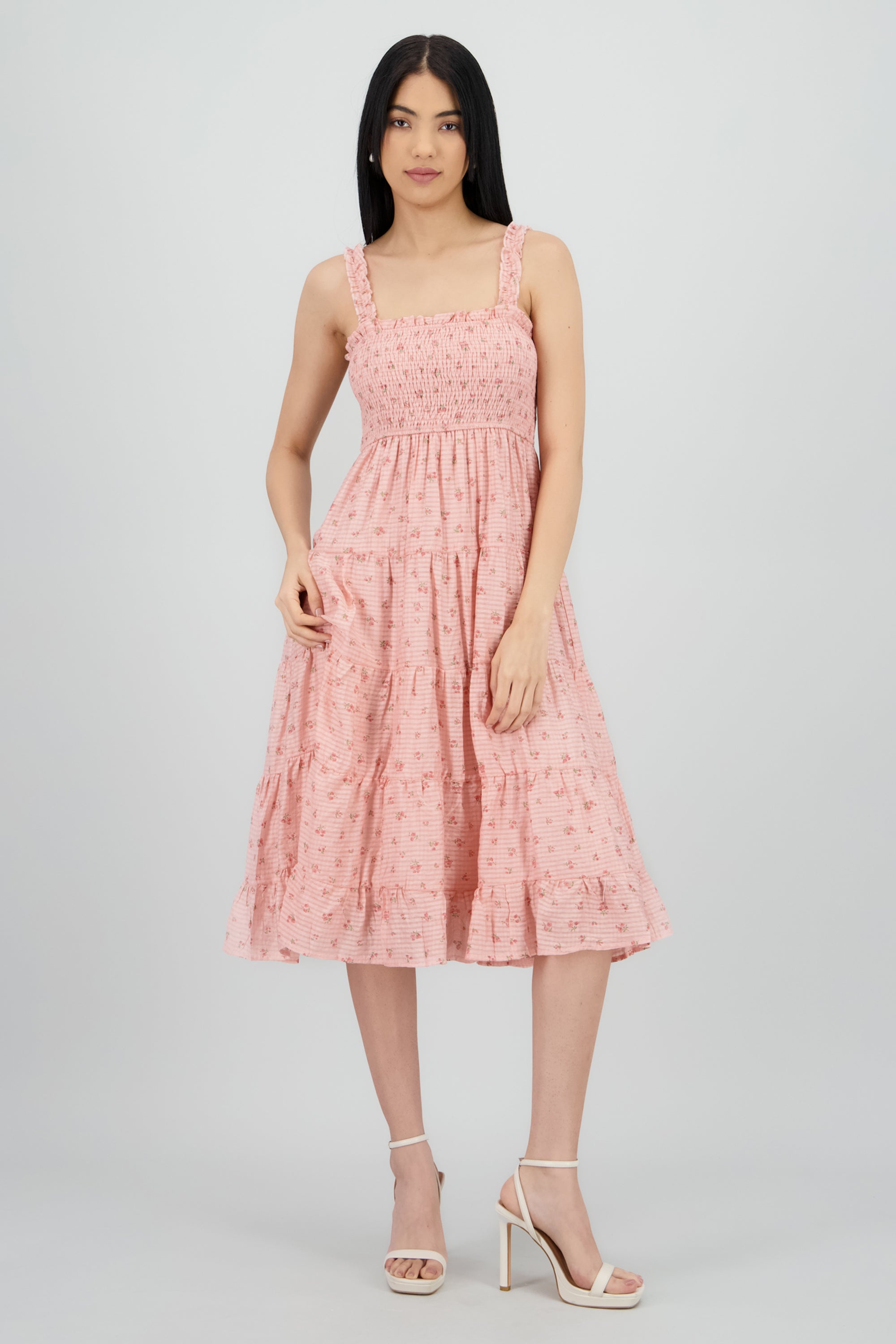 Vestido con smocking estampado de flores ROSA COMBO