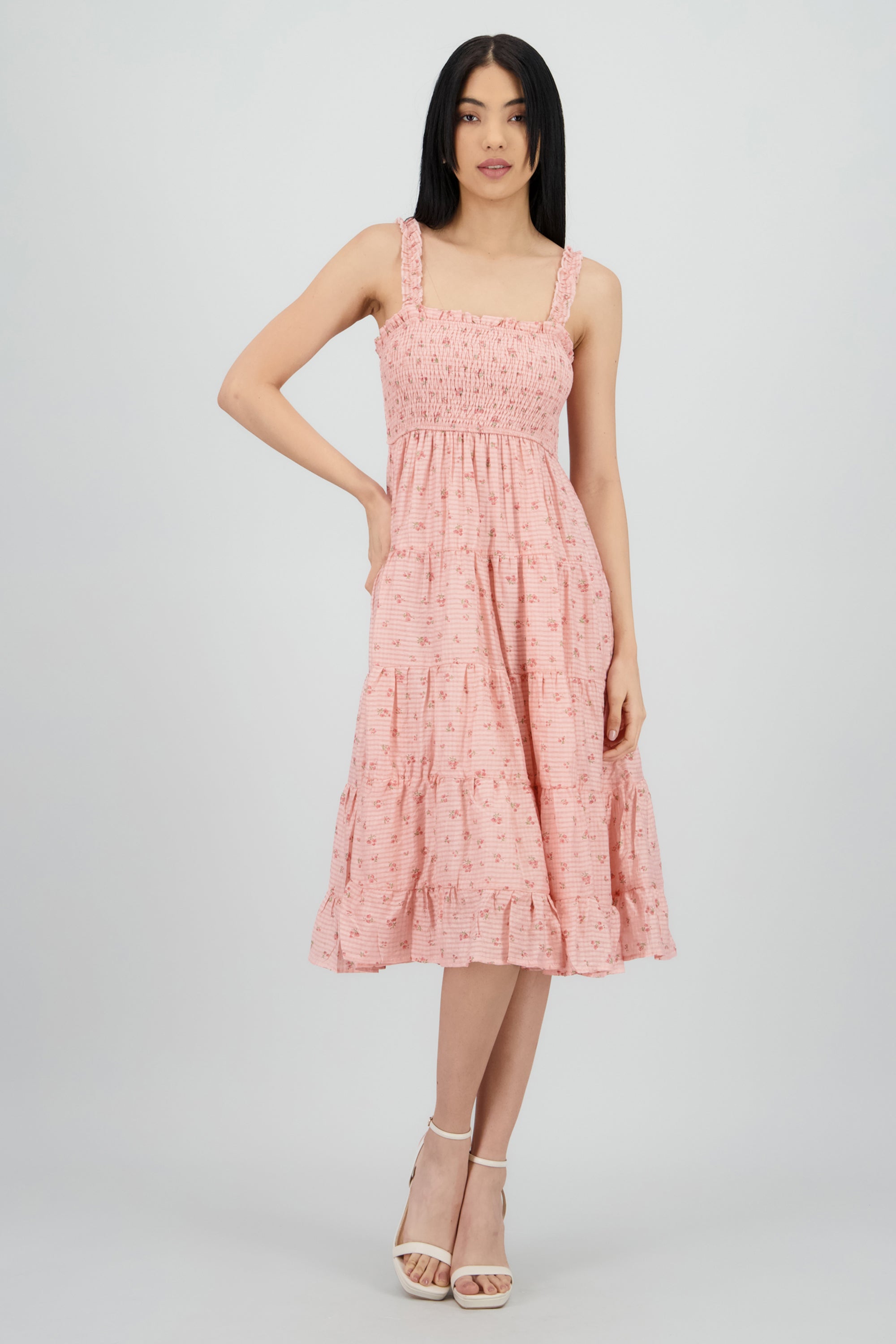 Vestido con smocking estampado de flores ROSA COMBO