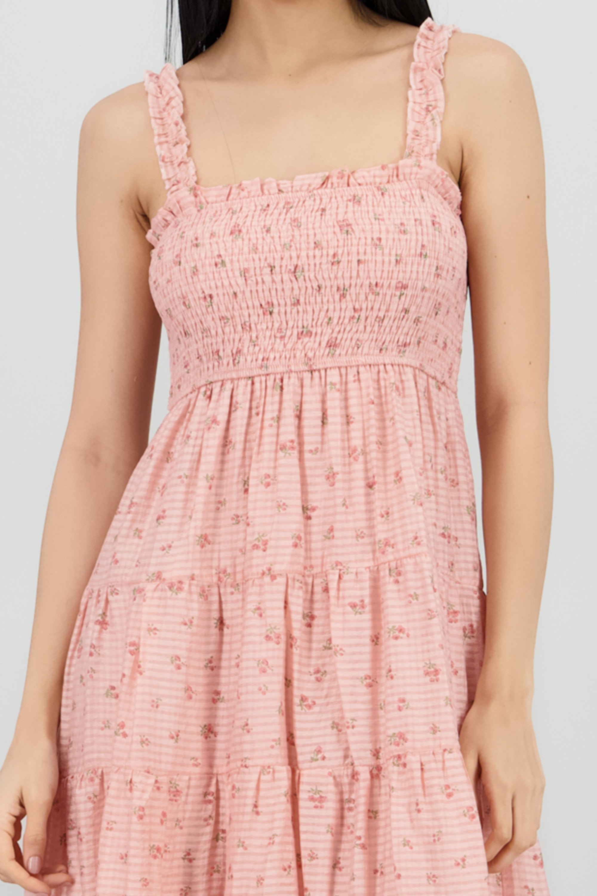 Vestido con smocking estampado de flores ROSA COMBO