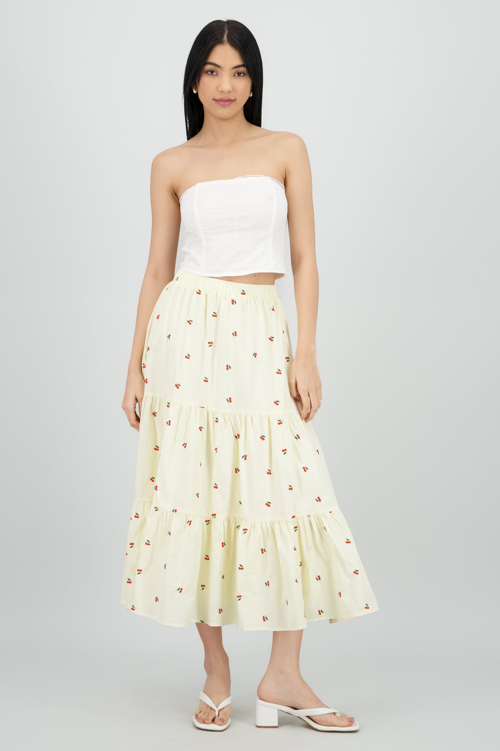 Falda maxi con bordado de cerezas HUESO COMBO