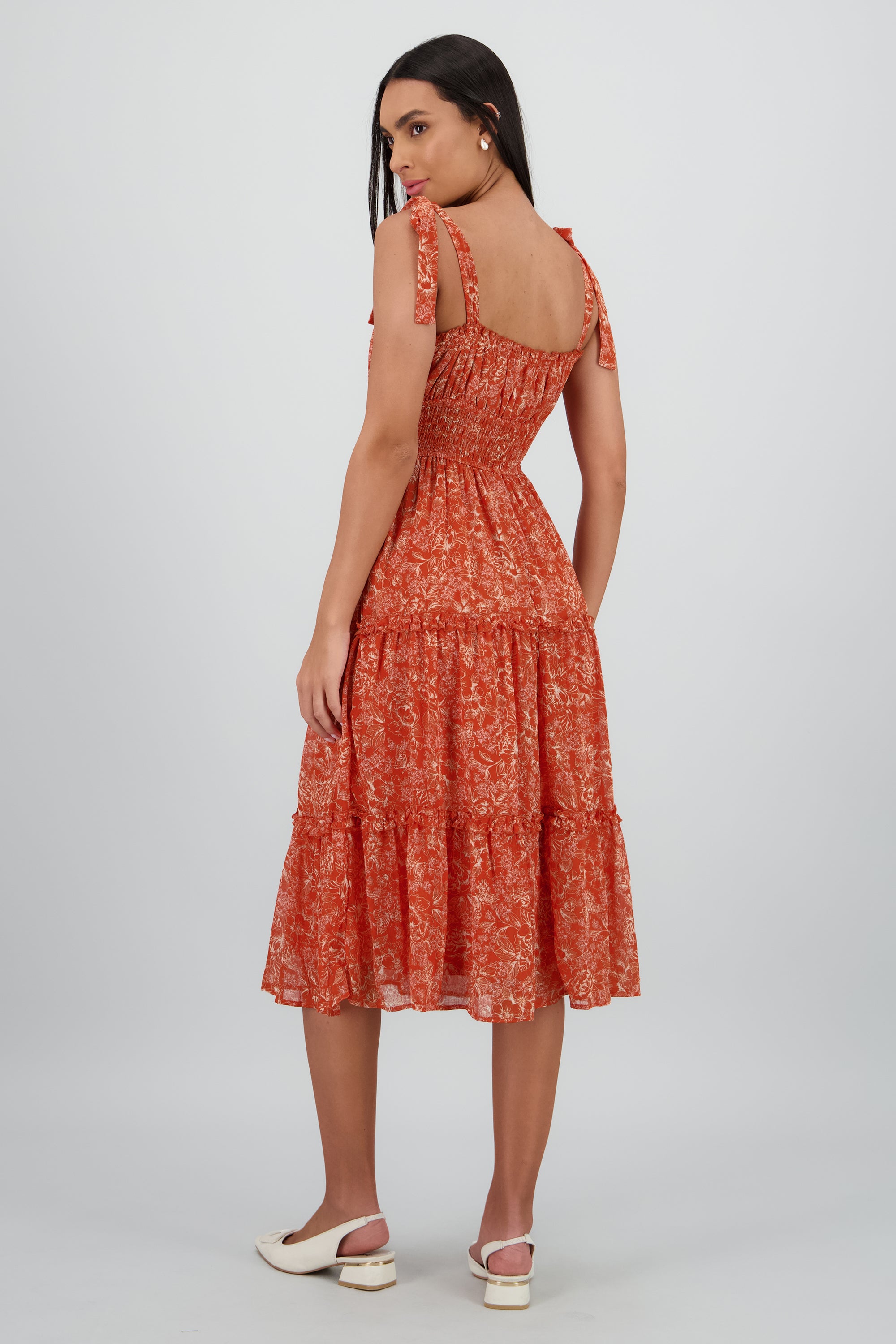 Vestido midi flores tropicales LADRILLO