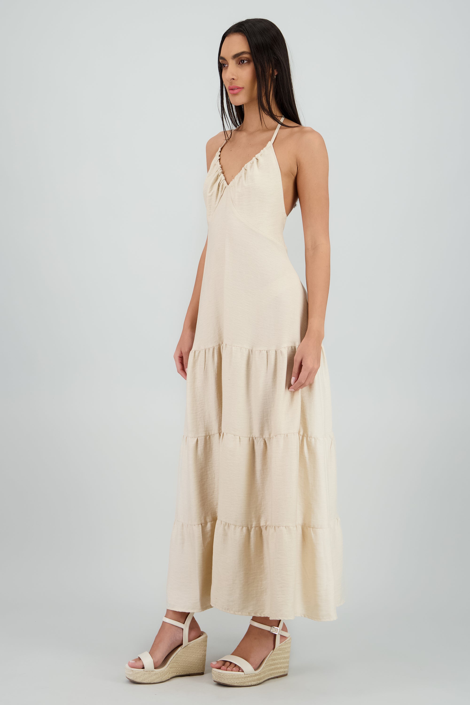 Vestido maxi halter lino CREMA