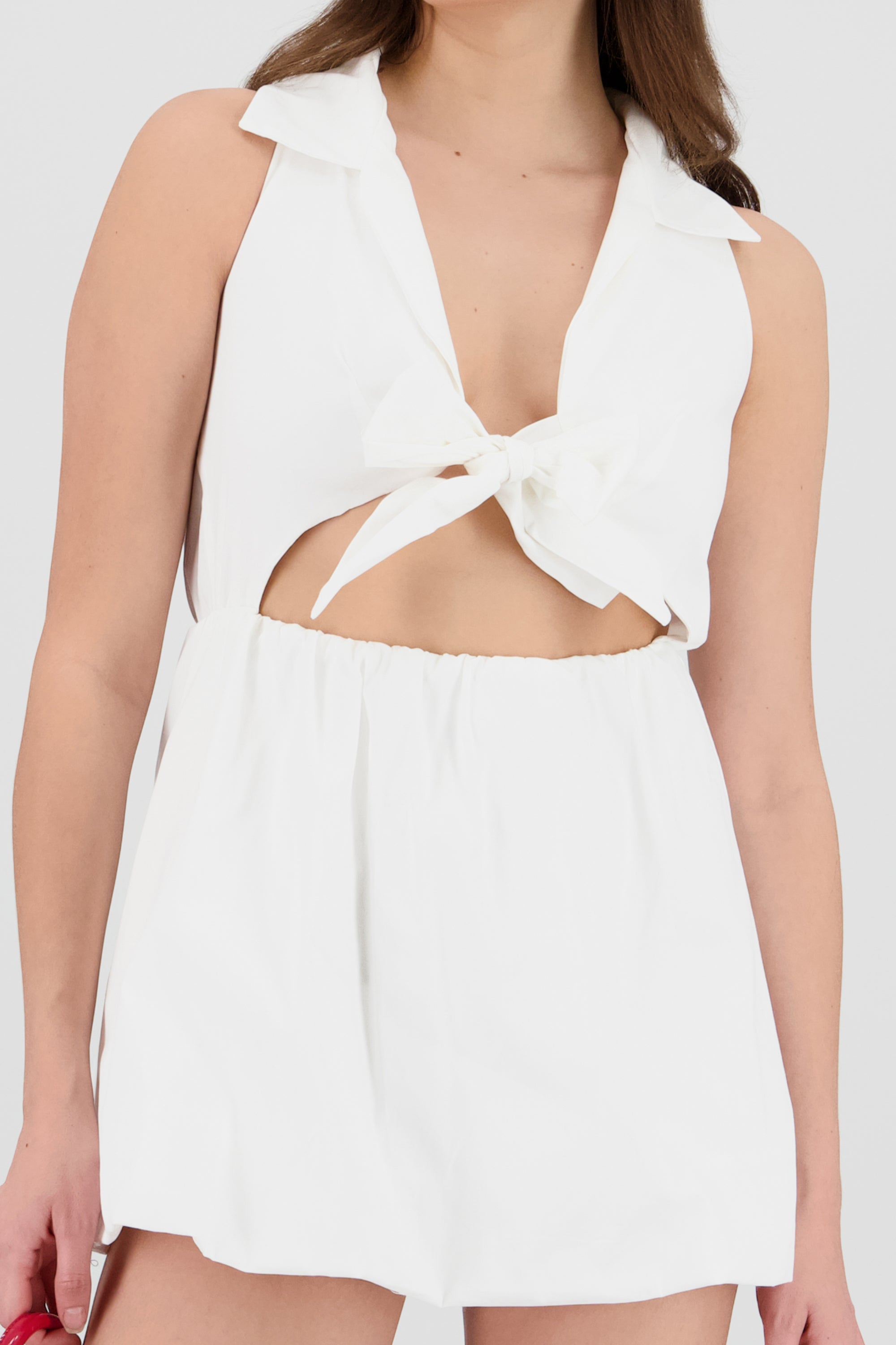 Vestido detalle moño falda burbuja HUESO