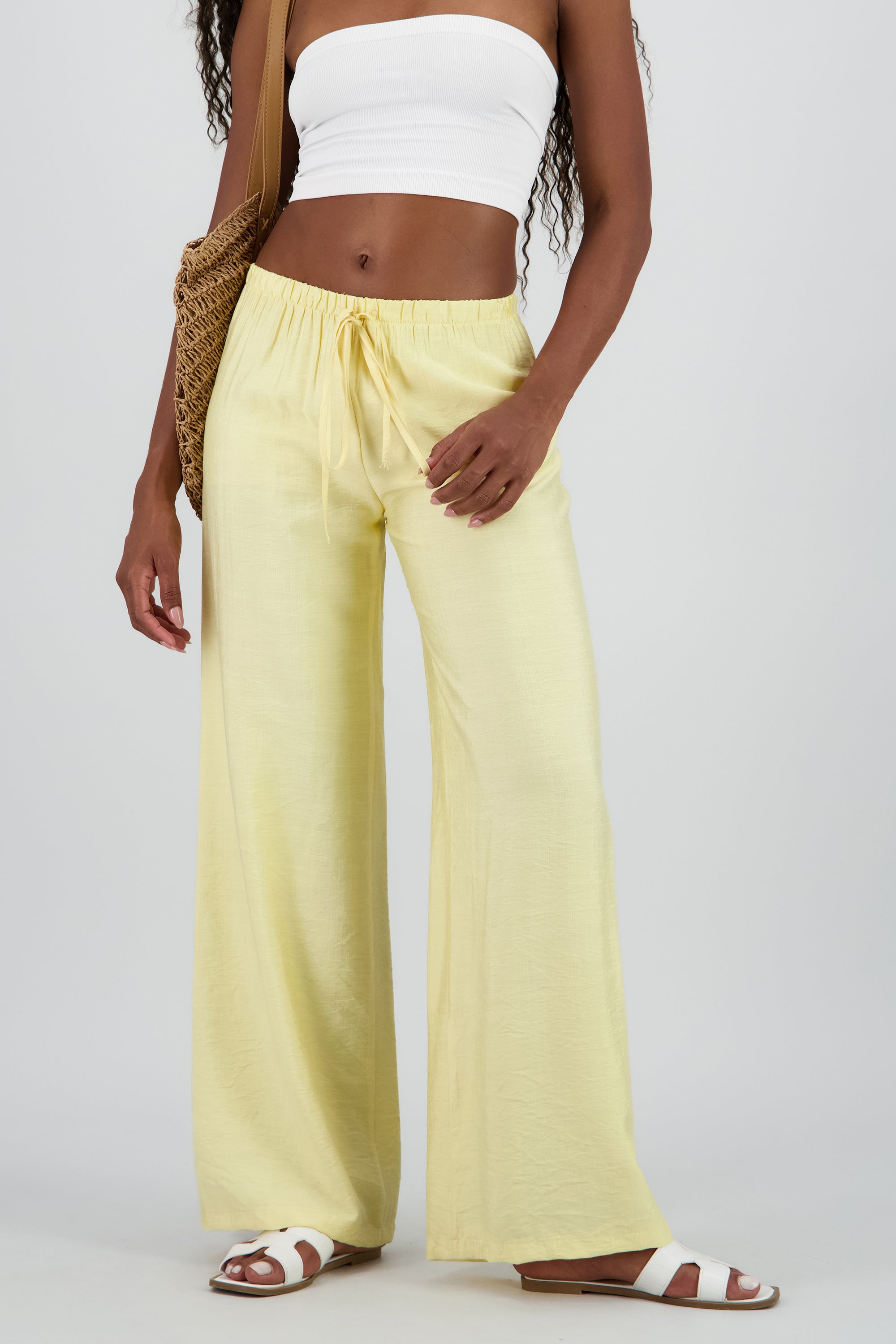 Pantalon wide leg fluido detalle resorte jareta AMARILLO PASTEL