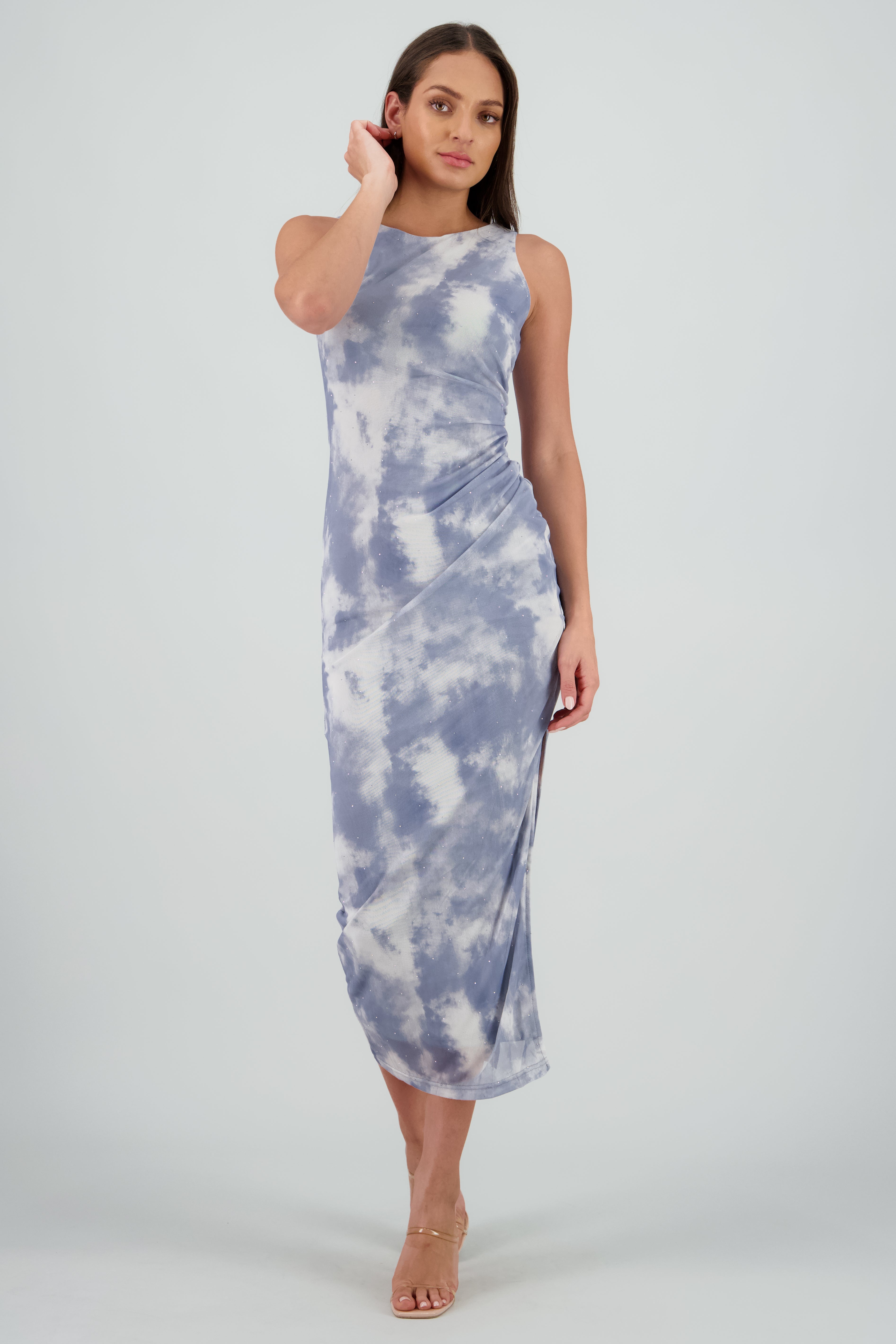 Maxi vestido fruncido cintura AZUL COMBO