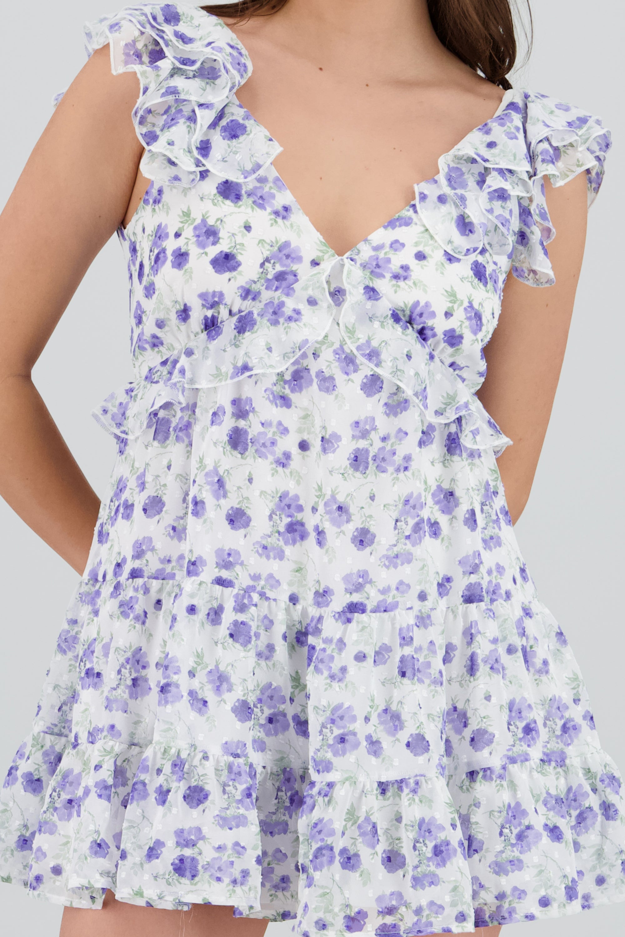 Vestido mini olanes flores textura AZUL COMBO
