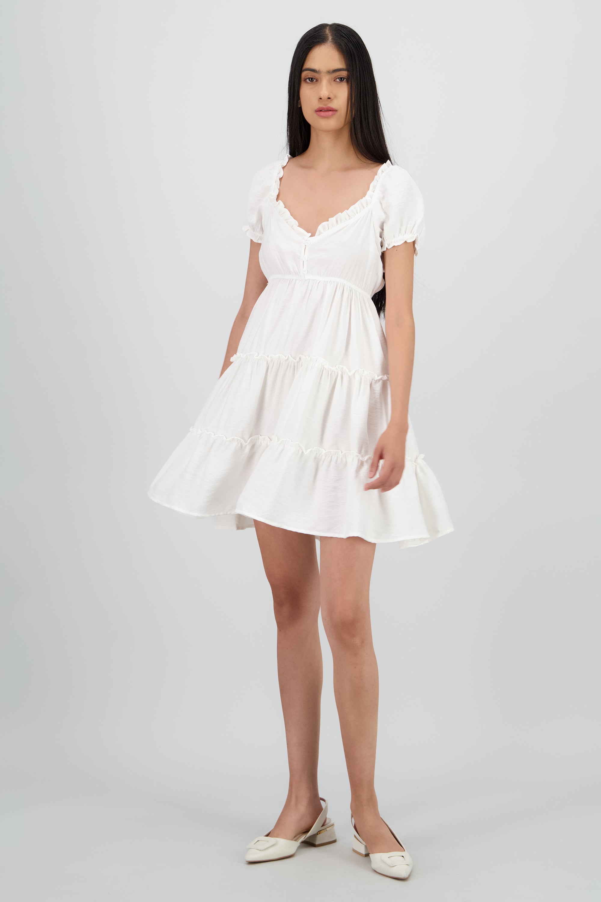 Vestido con detalle de olanes liso BLANCO