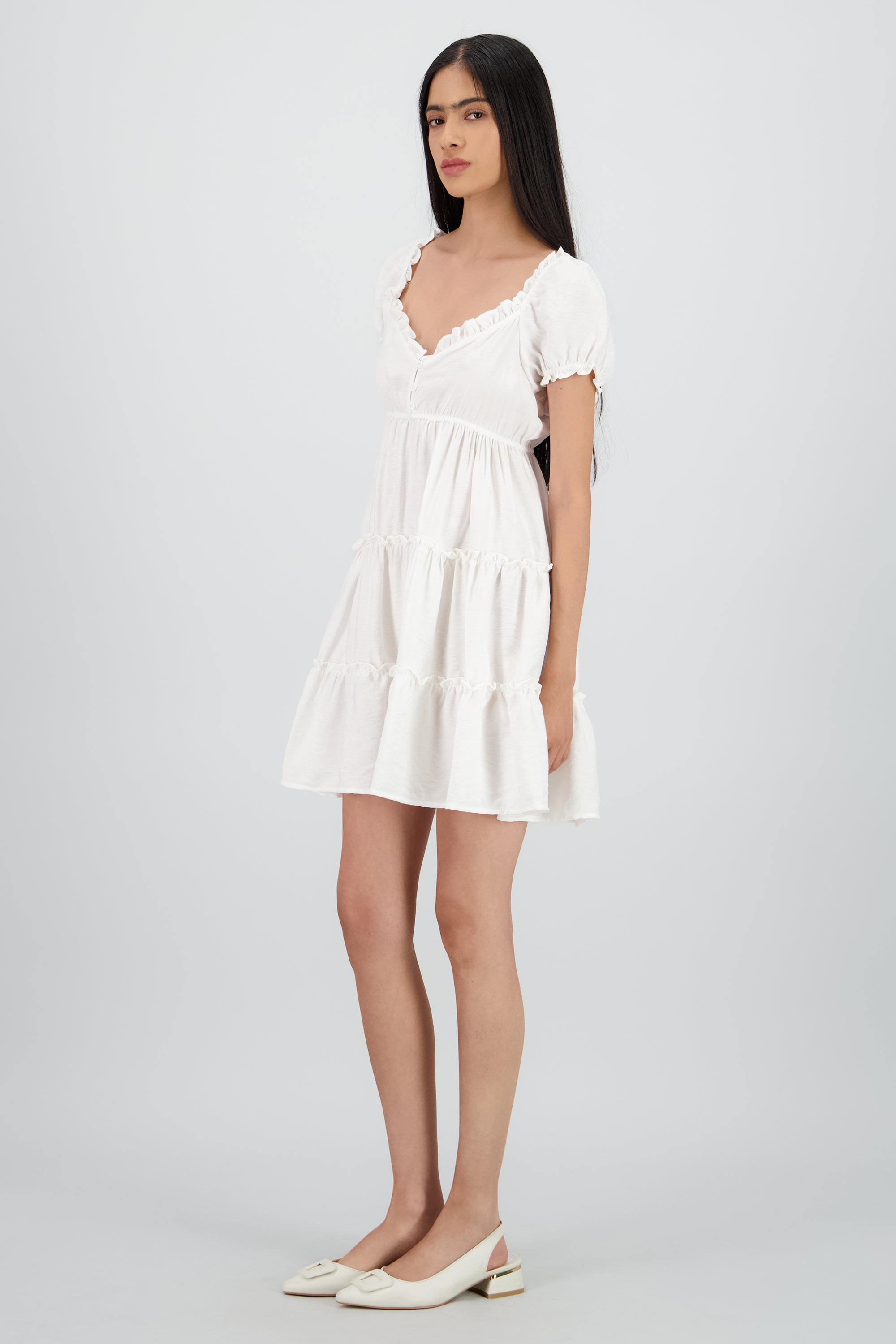 Vestido con detalle de olanes liso BLANCO