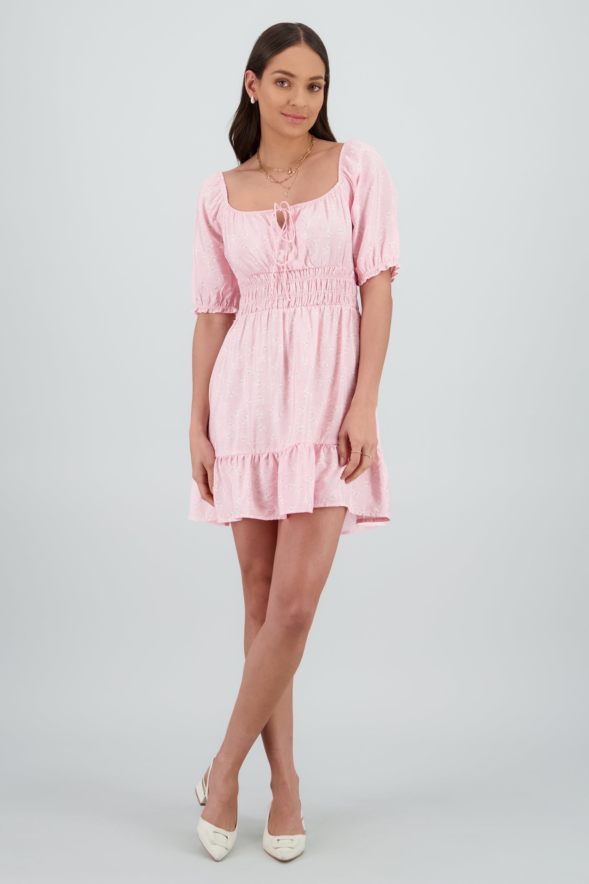 Vestido mini manga abullonada mini flores ROSA COMBO
