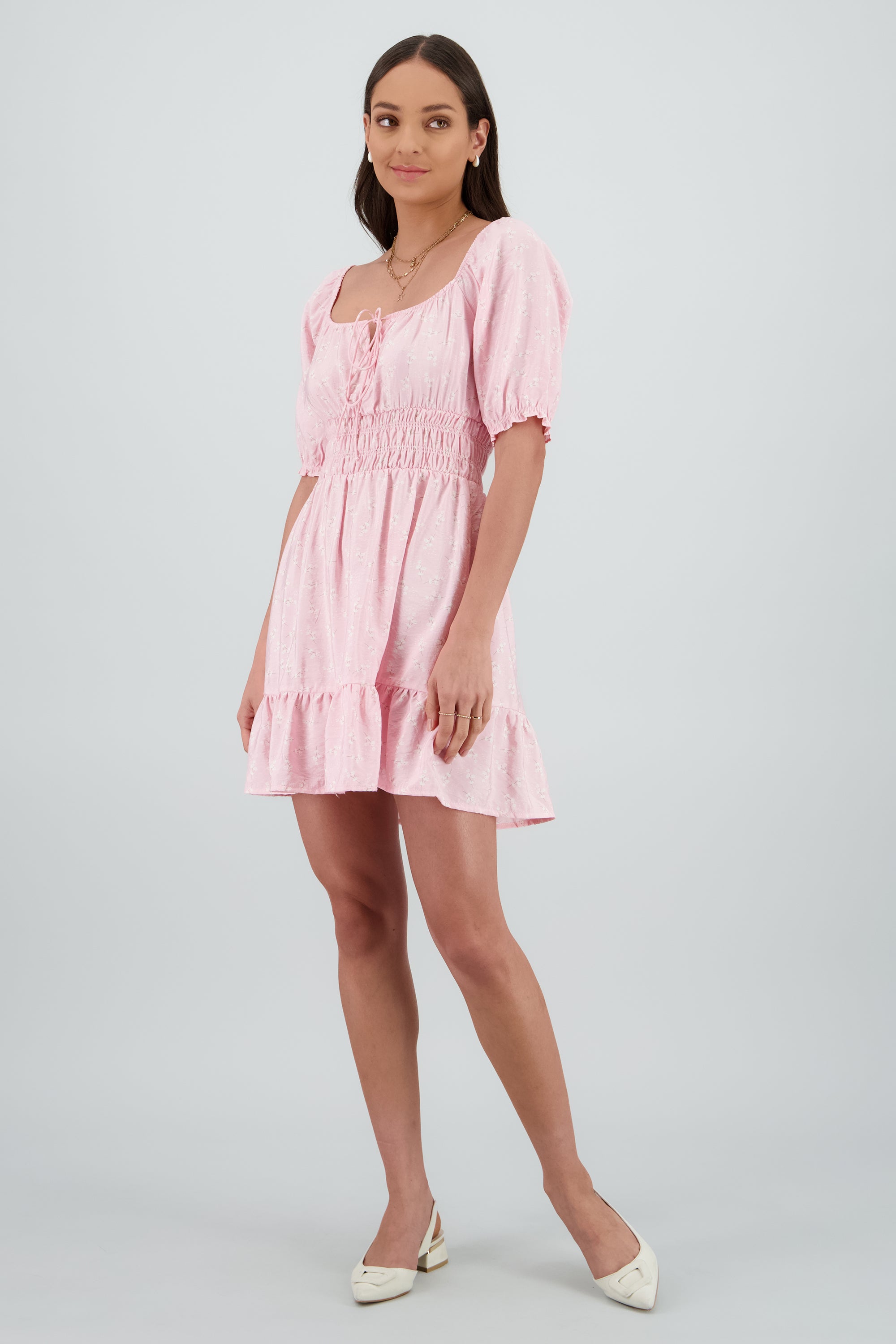 Vestido mini manga abullonada mini flores ROSA COMBO