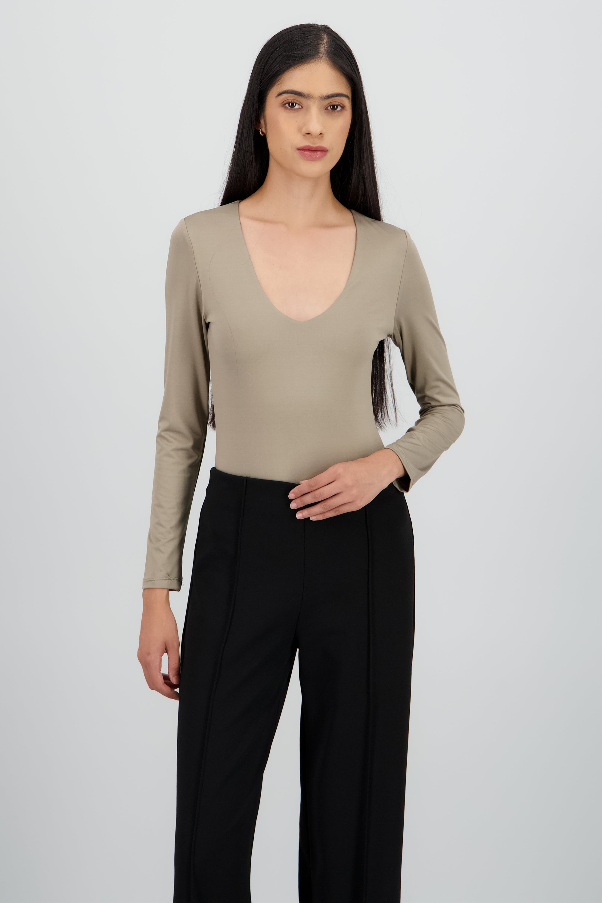 Bodysuit manga larga cuello redondo TAUPE