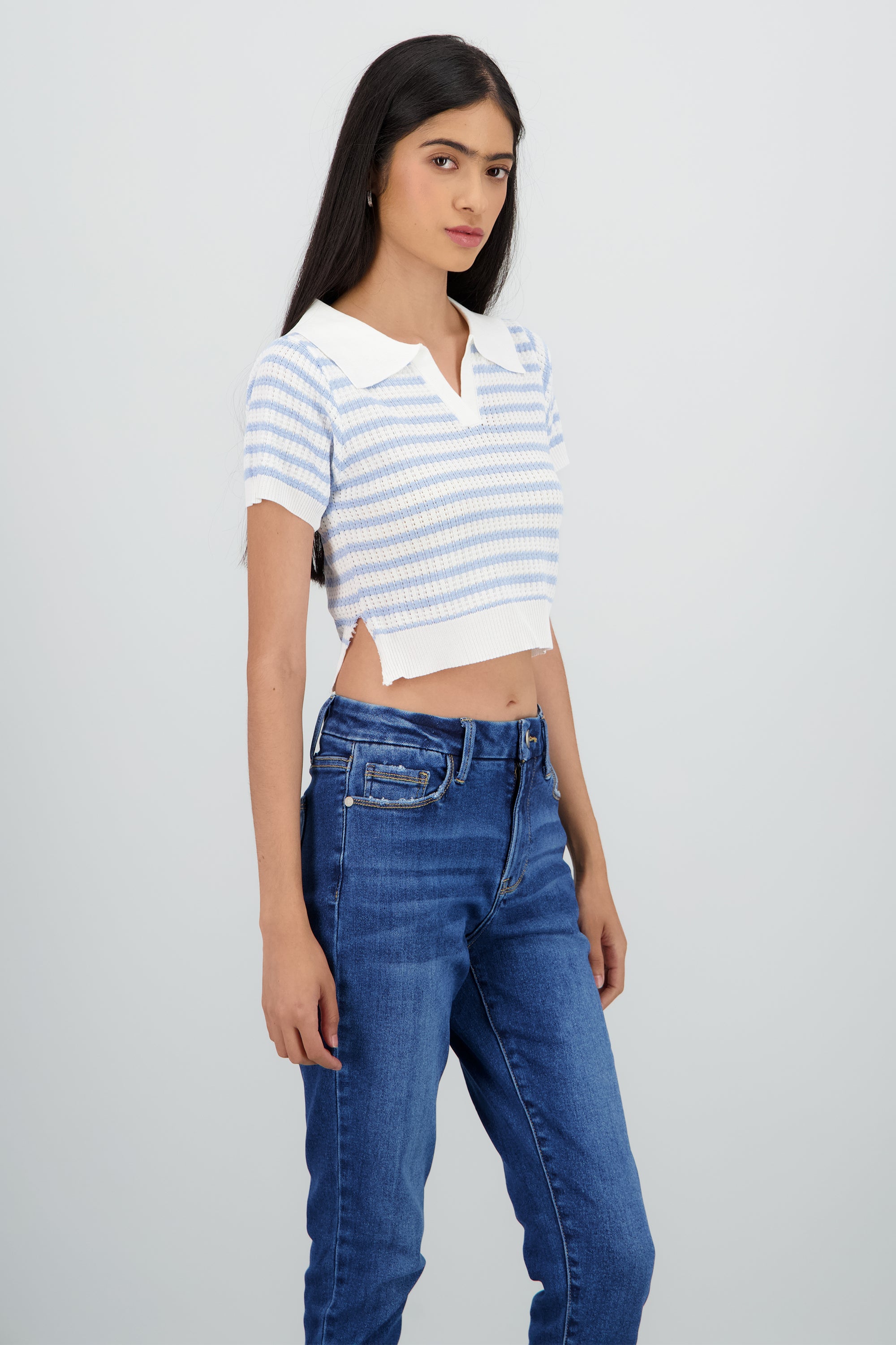 Top polo tejido ancho rayas AZUL CIELO
