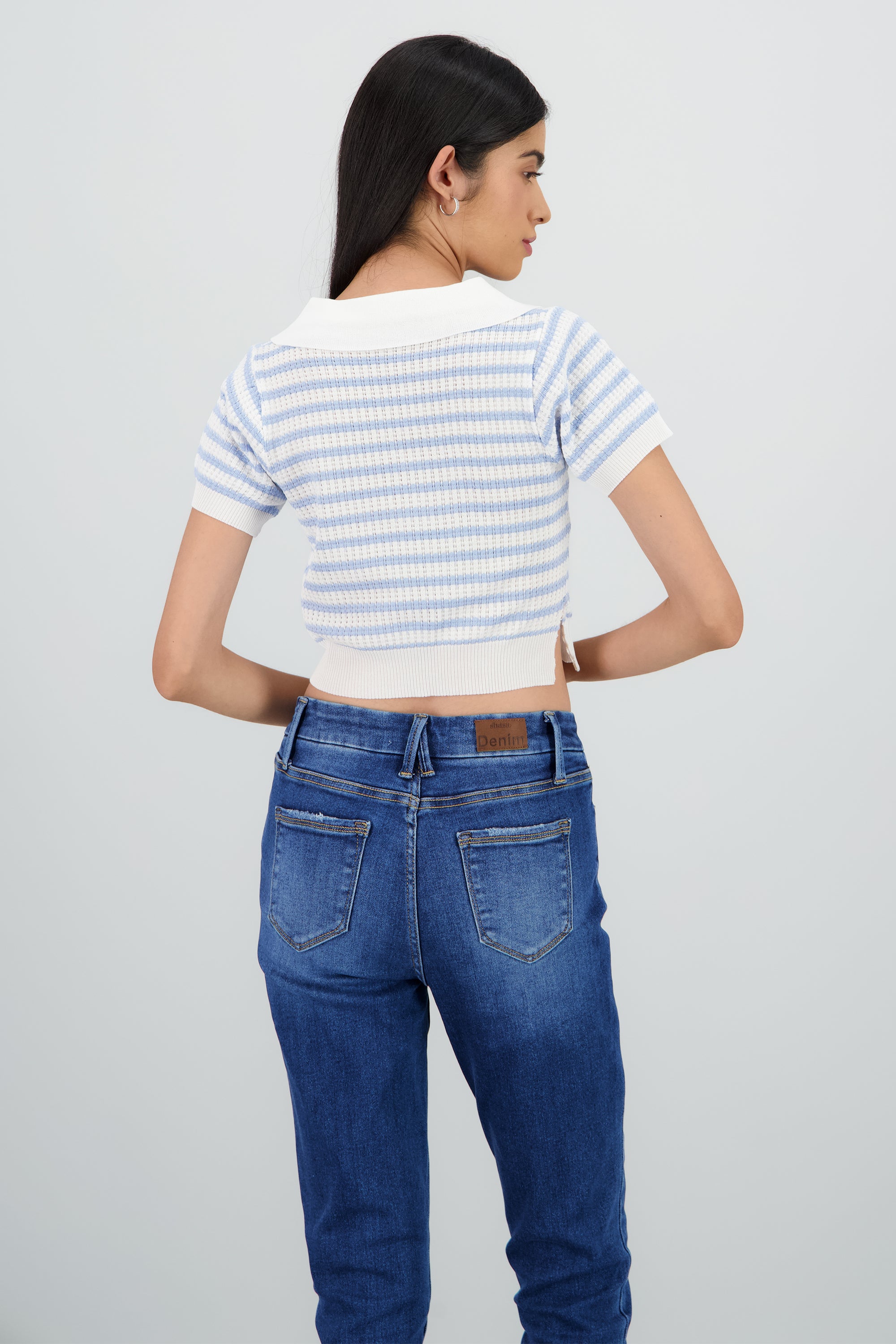 Top polo tejido ancho rayas AZUL CIELO