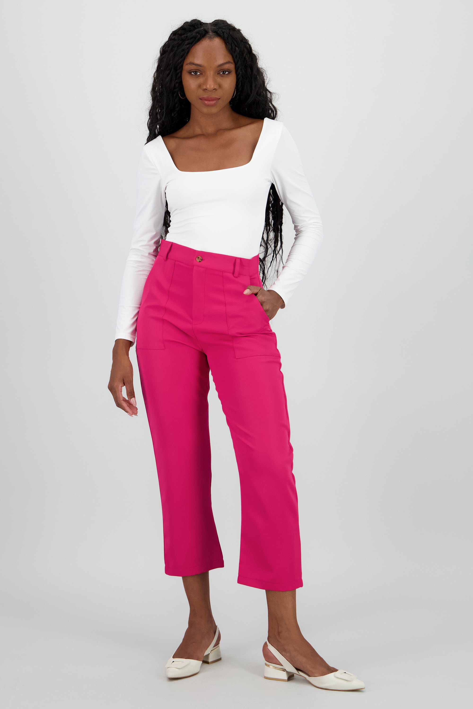 Pantalón Cintura Alta Capri Bolsas ROSA BRILLANTE