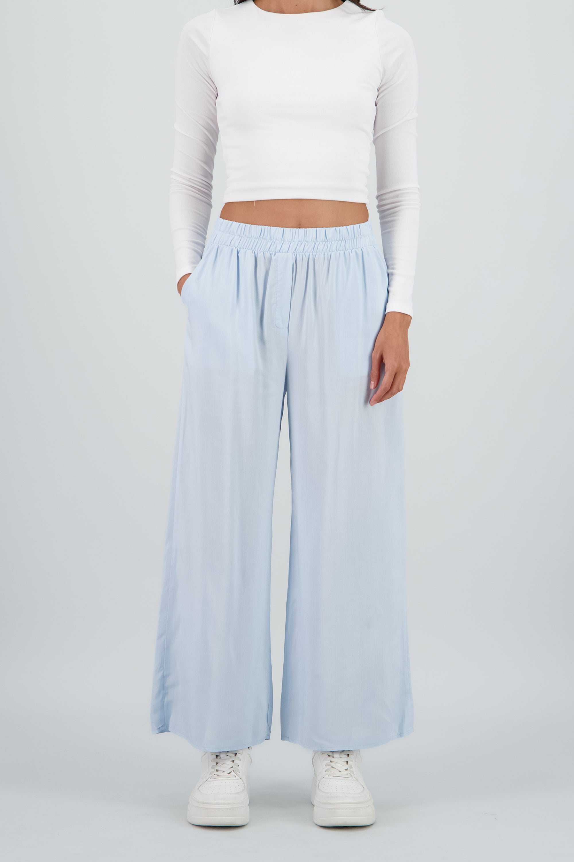 Pantalón Wide Leg Cintura Alta Fruncida AZUL PASTEL