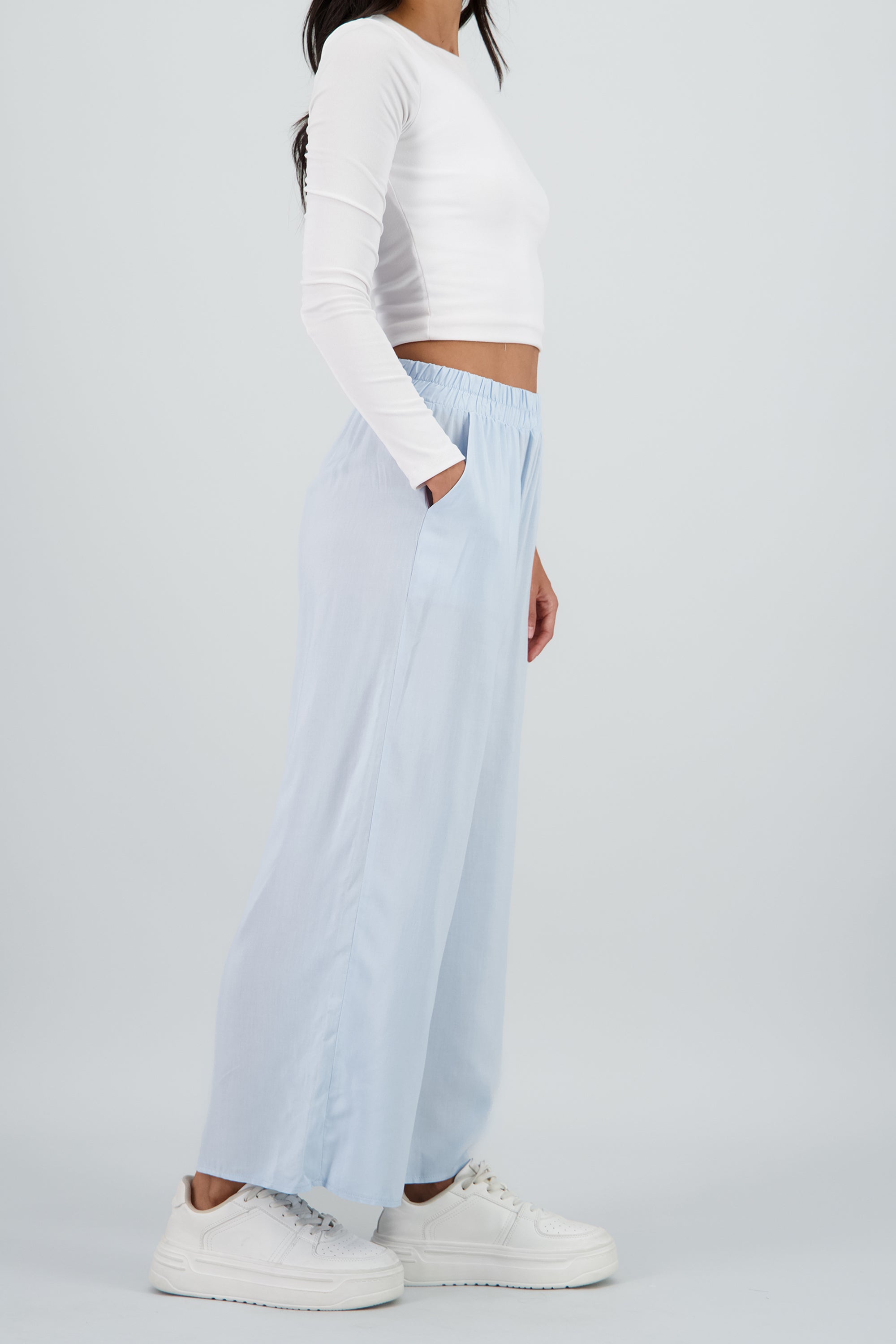 Pantalón Wide Leg Cintura Alta Fruncida AZUL PASTEL