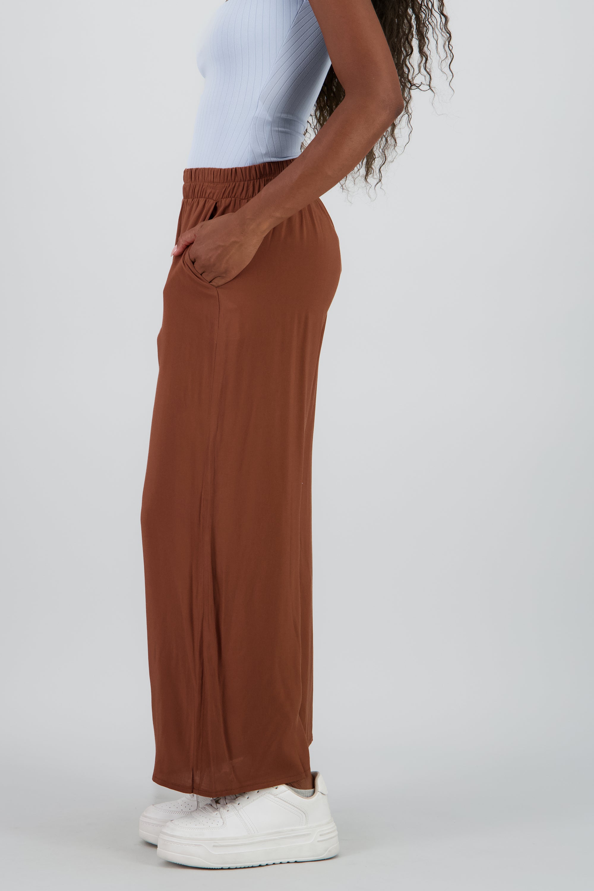 Pantalón Wide Leg Cintura Alta Fruncida CHOCOLATE