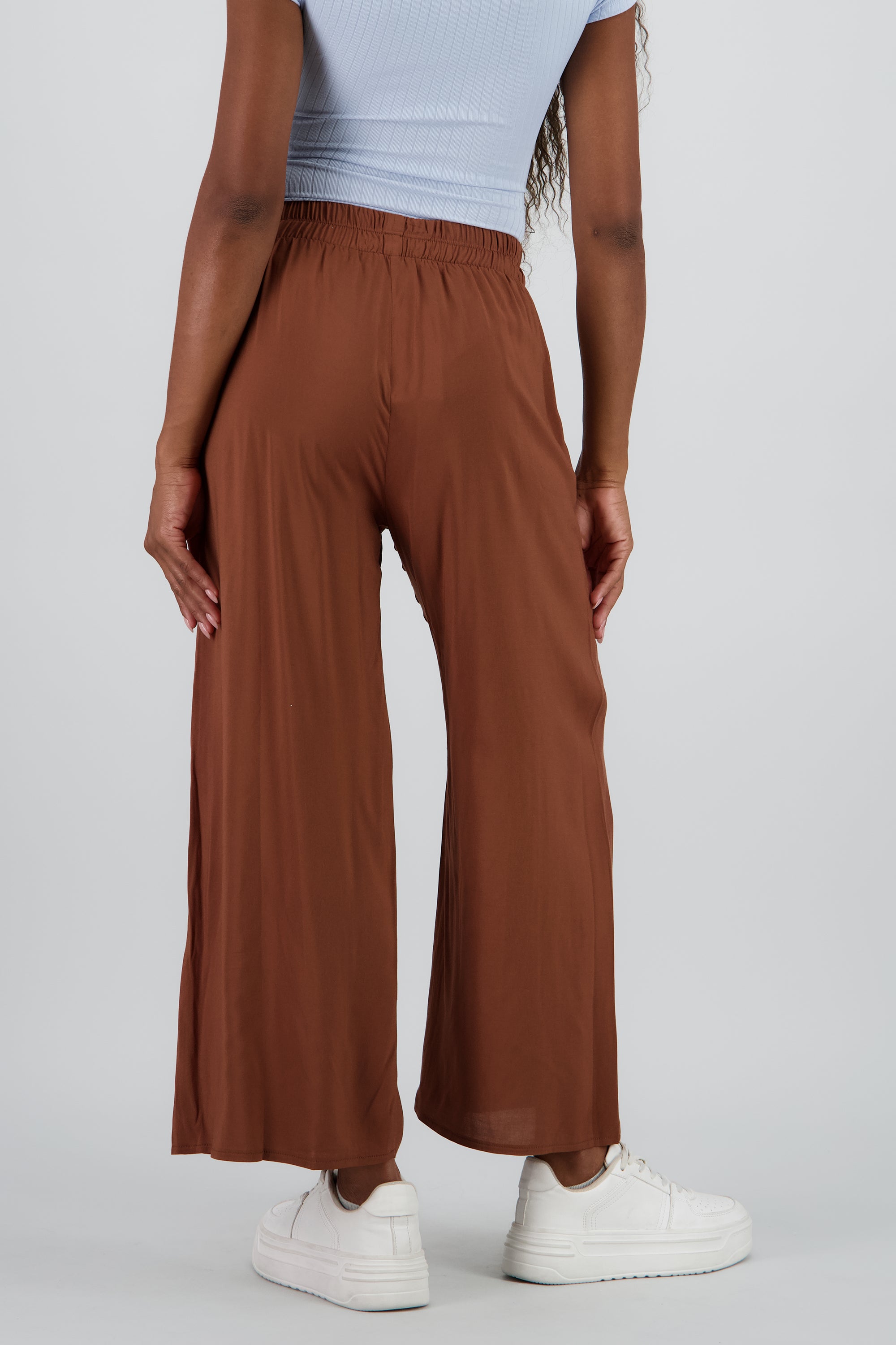 Pantalón Wide Leg Cintura Alta Fruncida CHOCOLATE