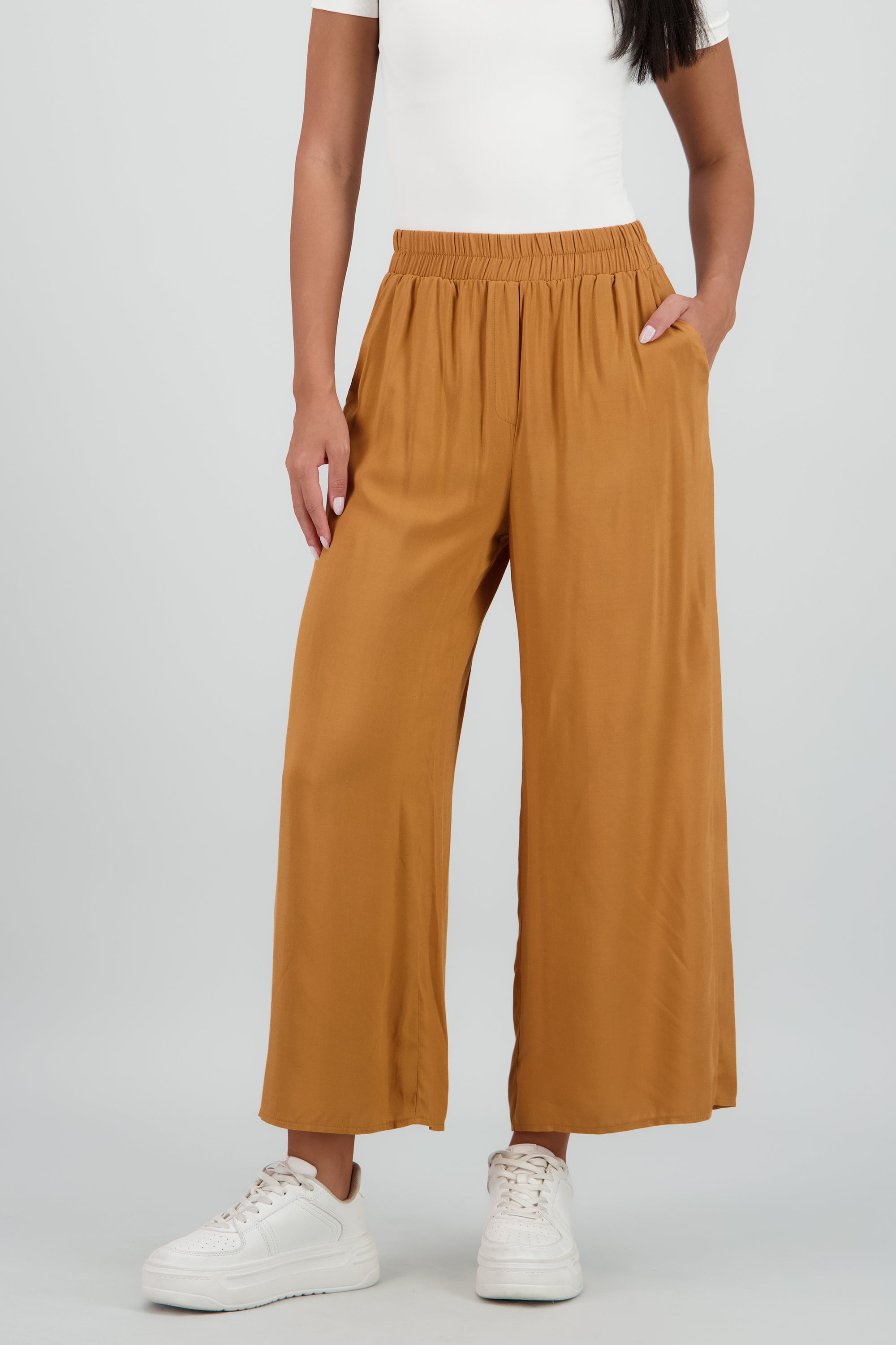Pantalón Wide Leg Cintura Alta Fruncida CAMELLO
