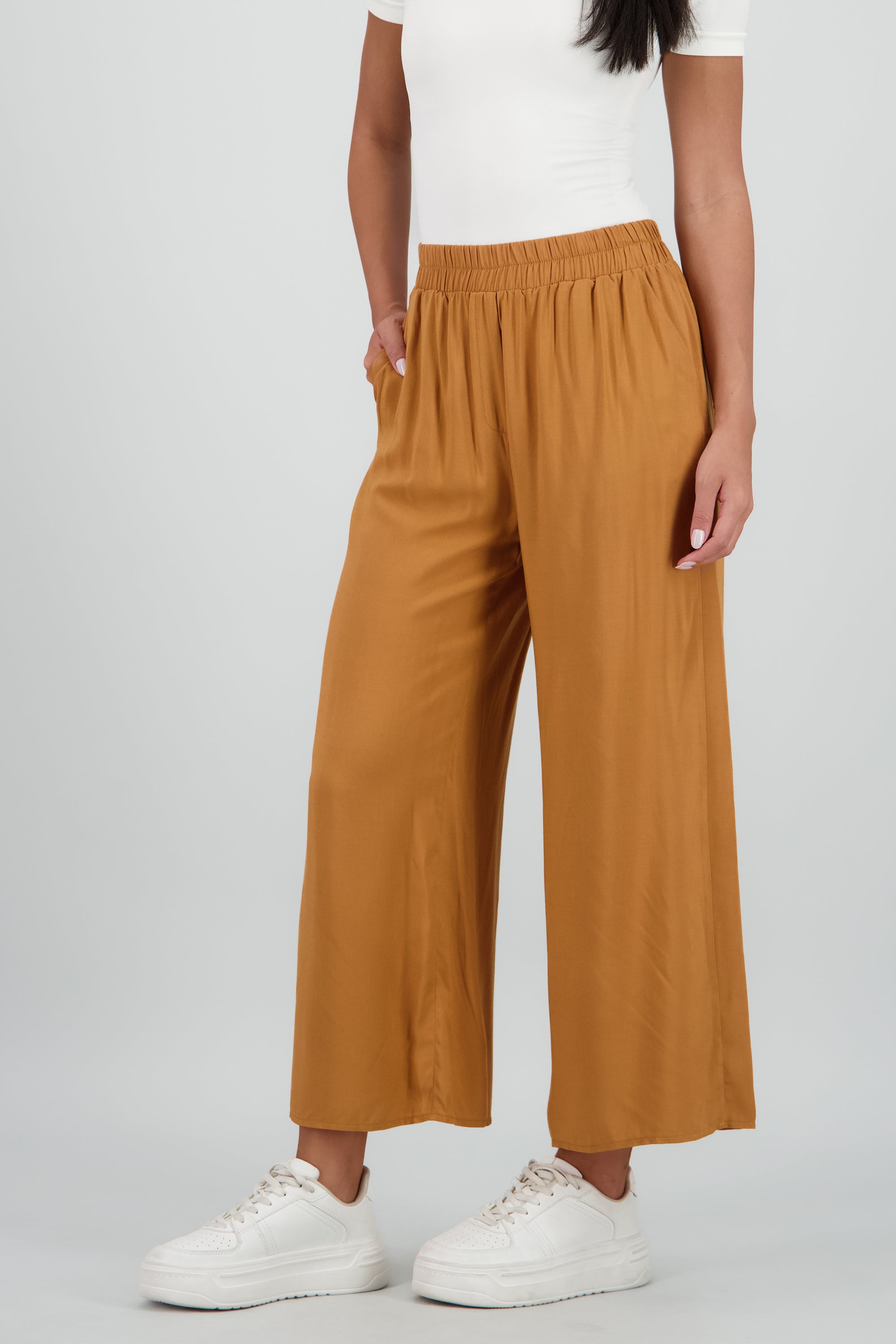 Pantalón Wide Leg Cintura Alta Fruncida CAMELLO