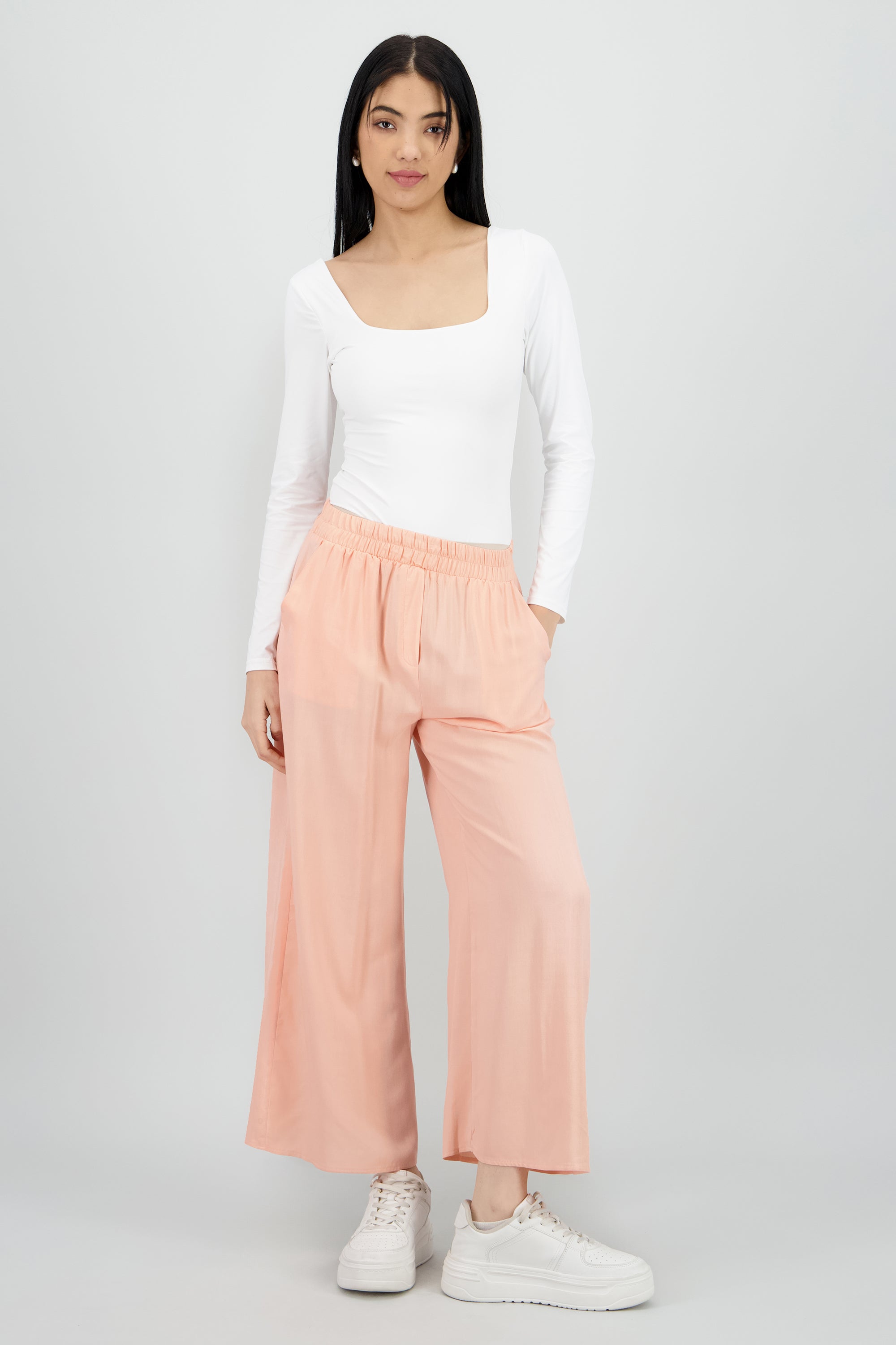 Pantalón Wide Leg Cintura Alta Fruncida DURAZNO