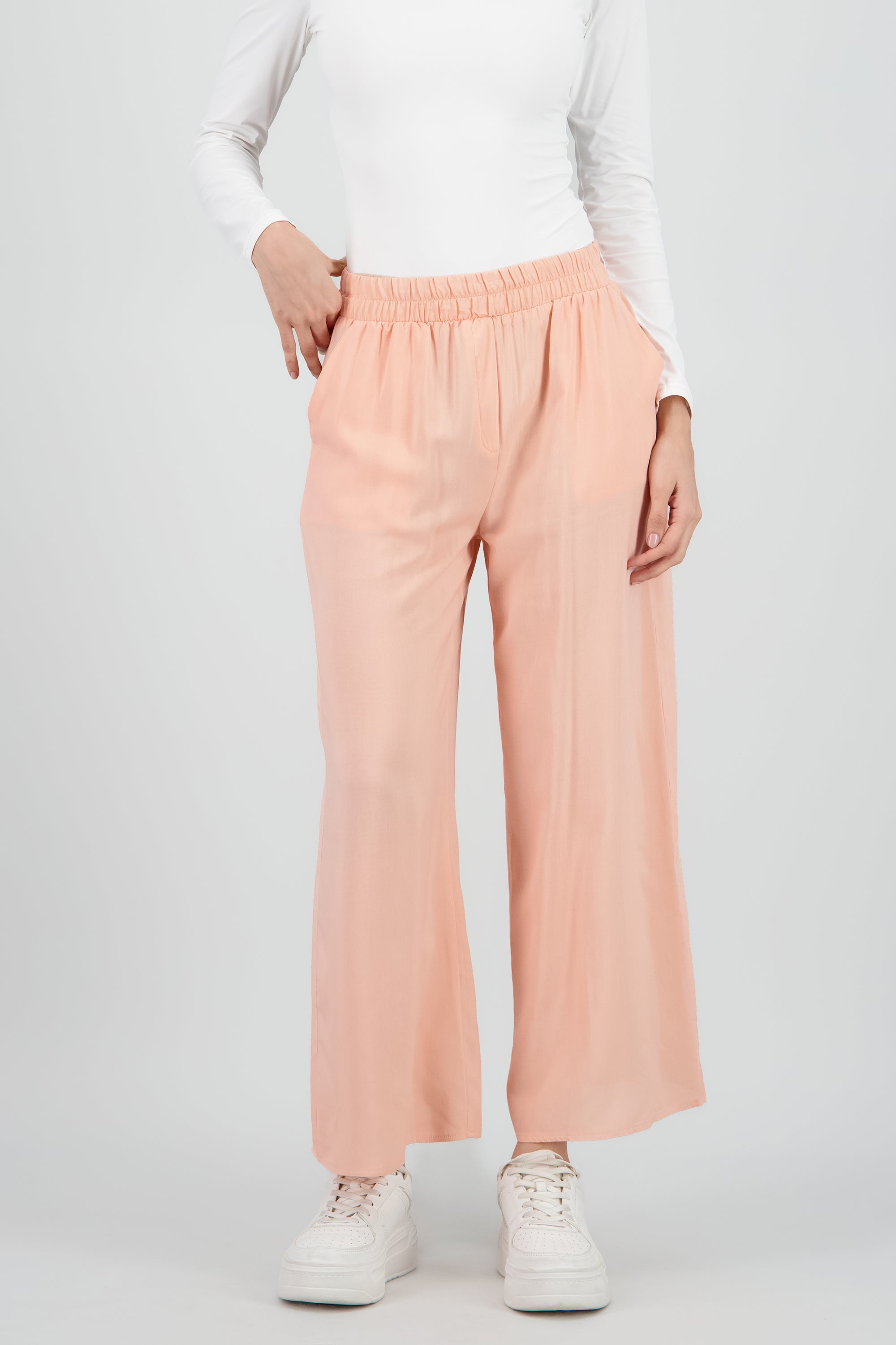 Pantalón Wide Leg Cintura Alta Fruncida DURAZNO