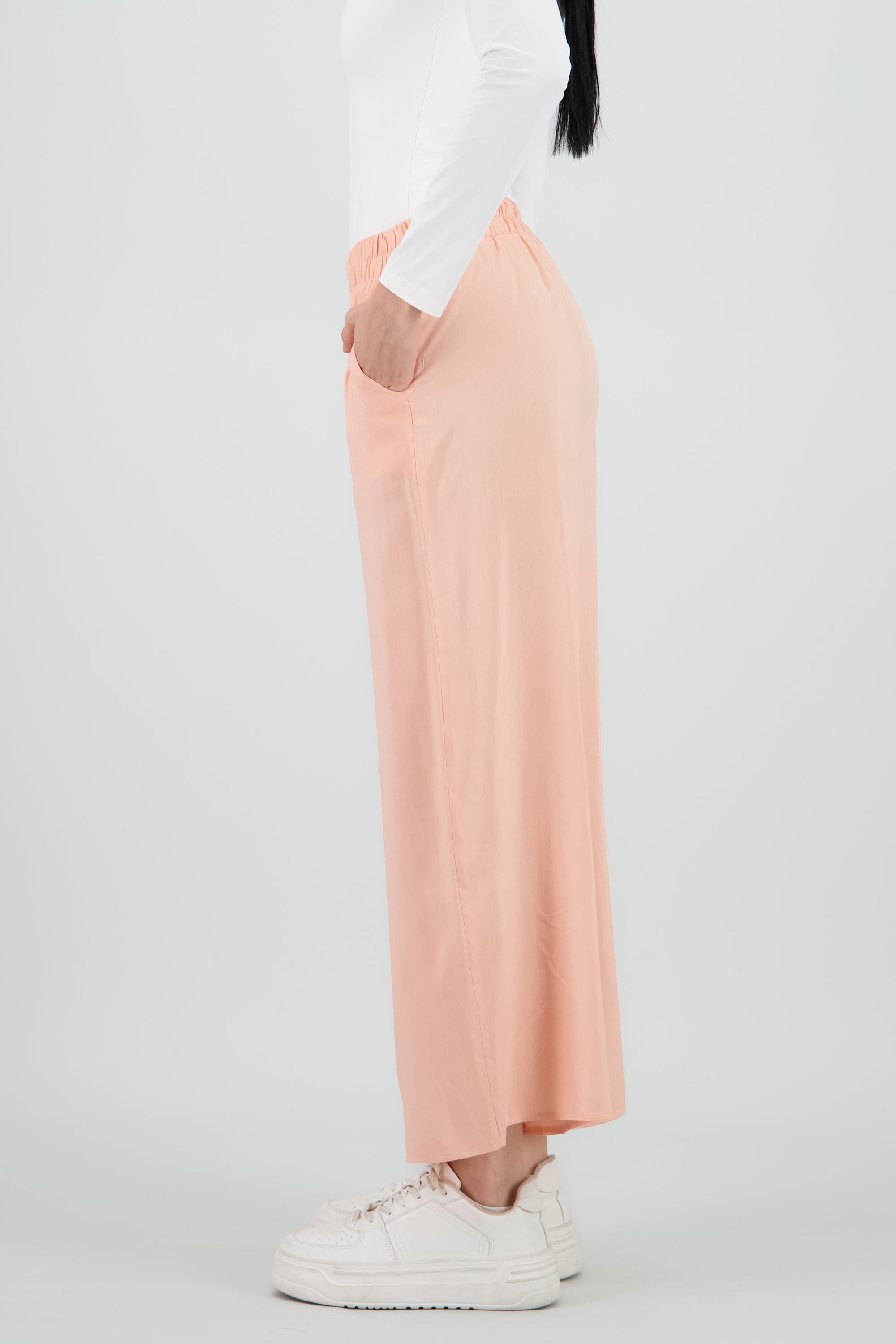 Pantalón Wide Leg Cintura Alta Fruncida DURAZNO