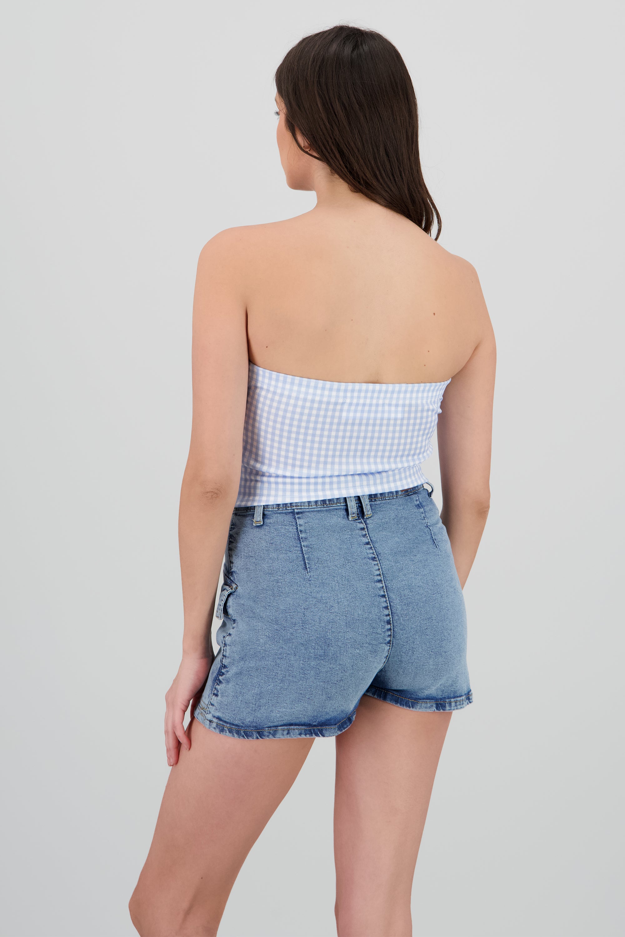 Top strapless escote corazon detalle moños AZUL COMBO