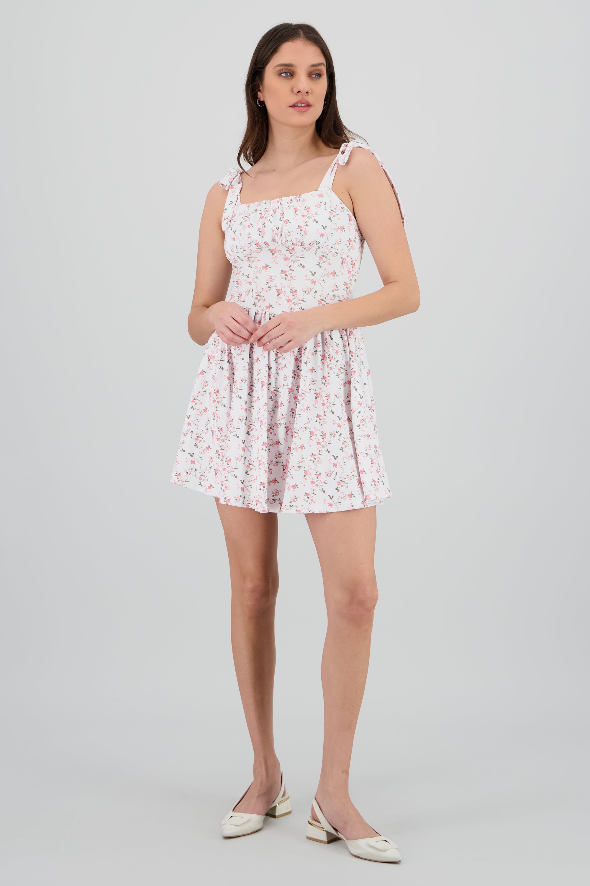 Vestido mini tirantes frunces BLANCO COMBO