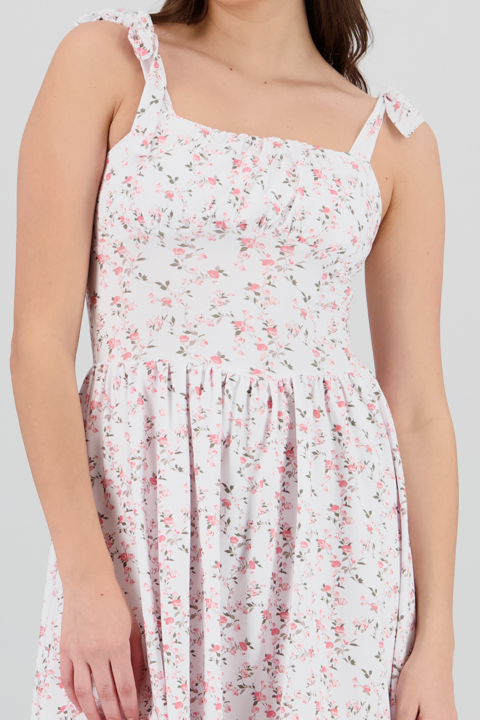 Vestido mini tirantes frunces BLANCO COMBO