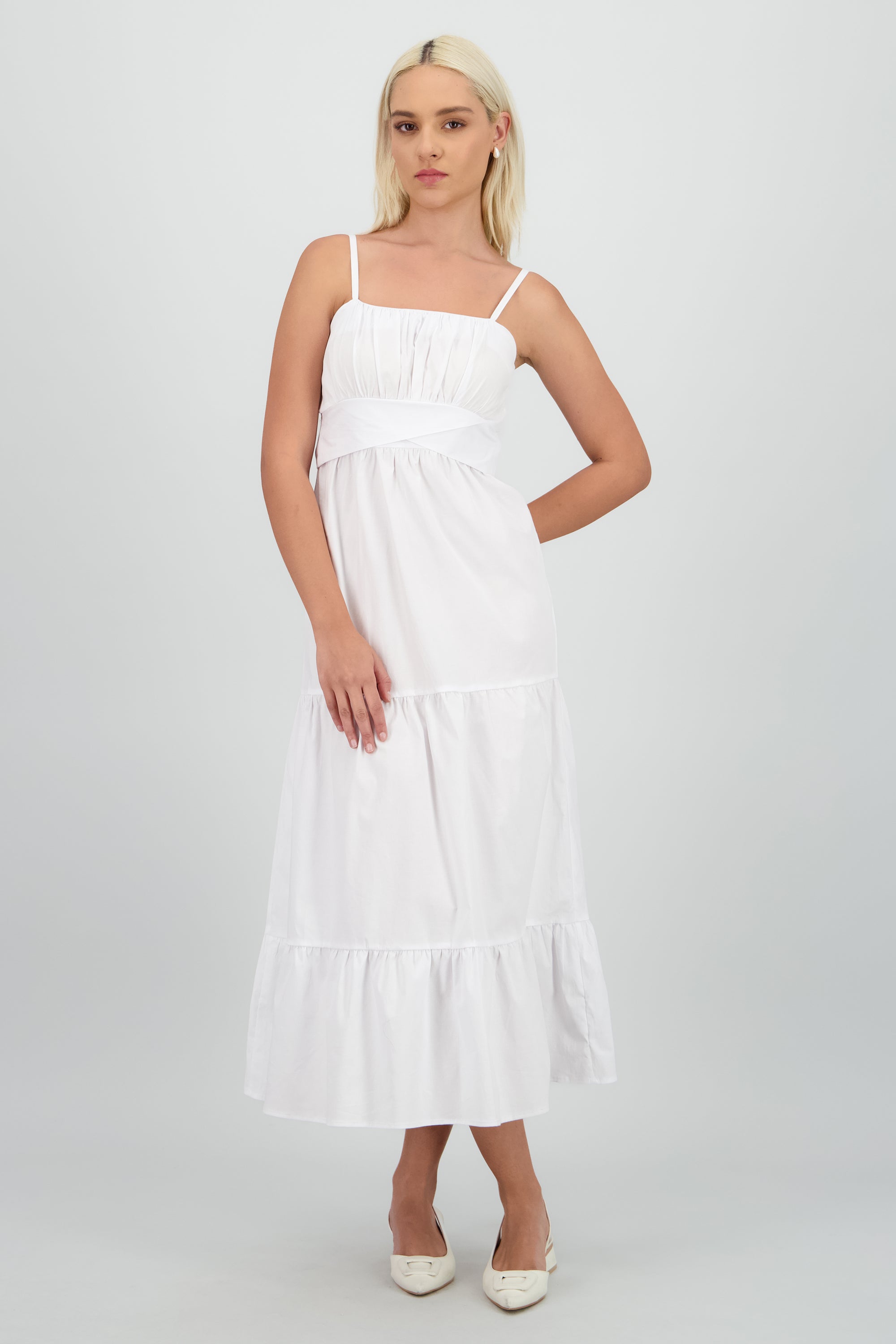 Vestido maxi tirantes detalle cintura cruzada BLANCO