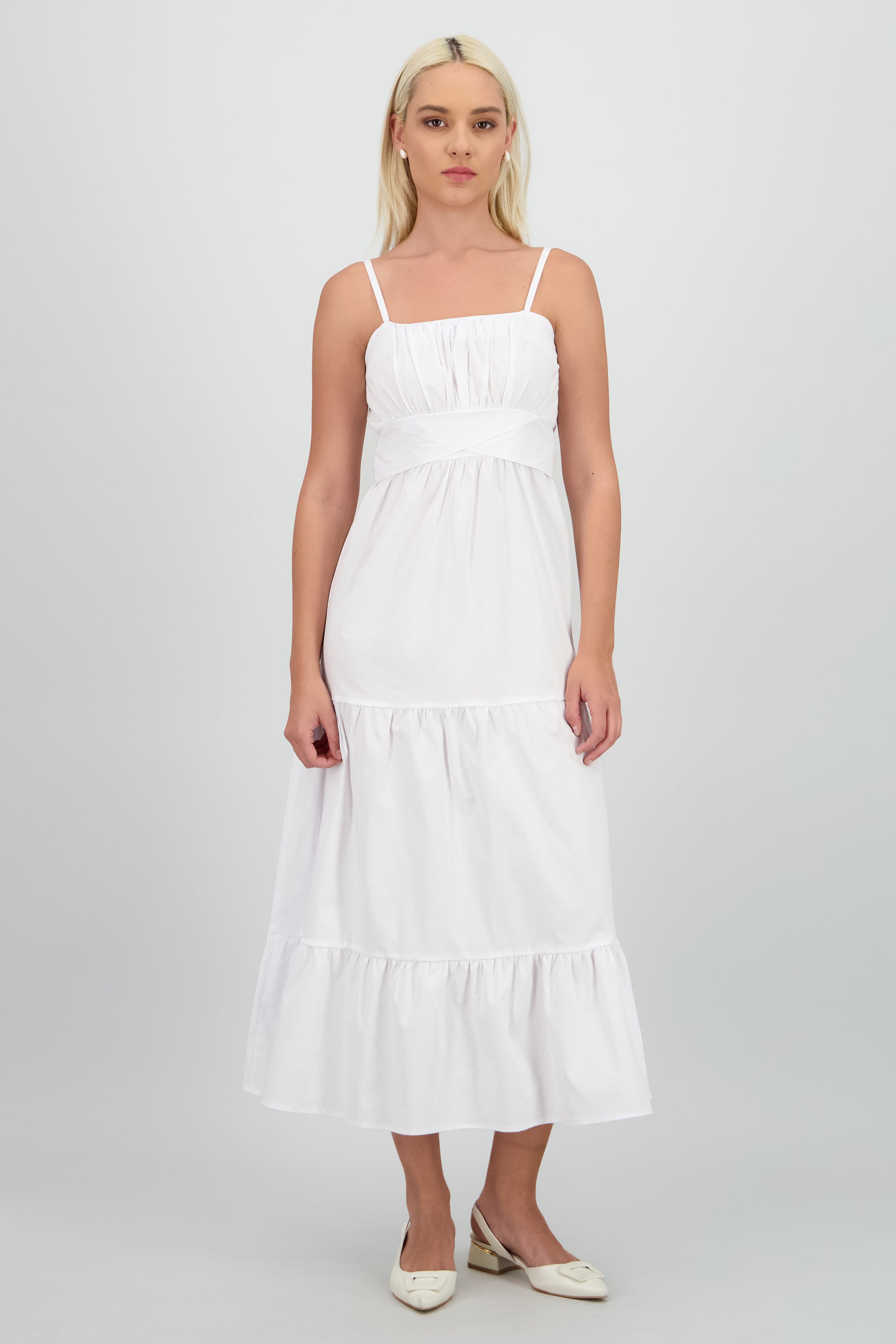 Vestido maxi tirantes detalle cintura cruzada BLANCO