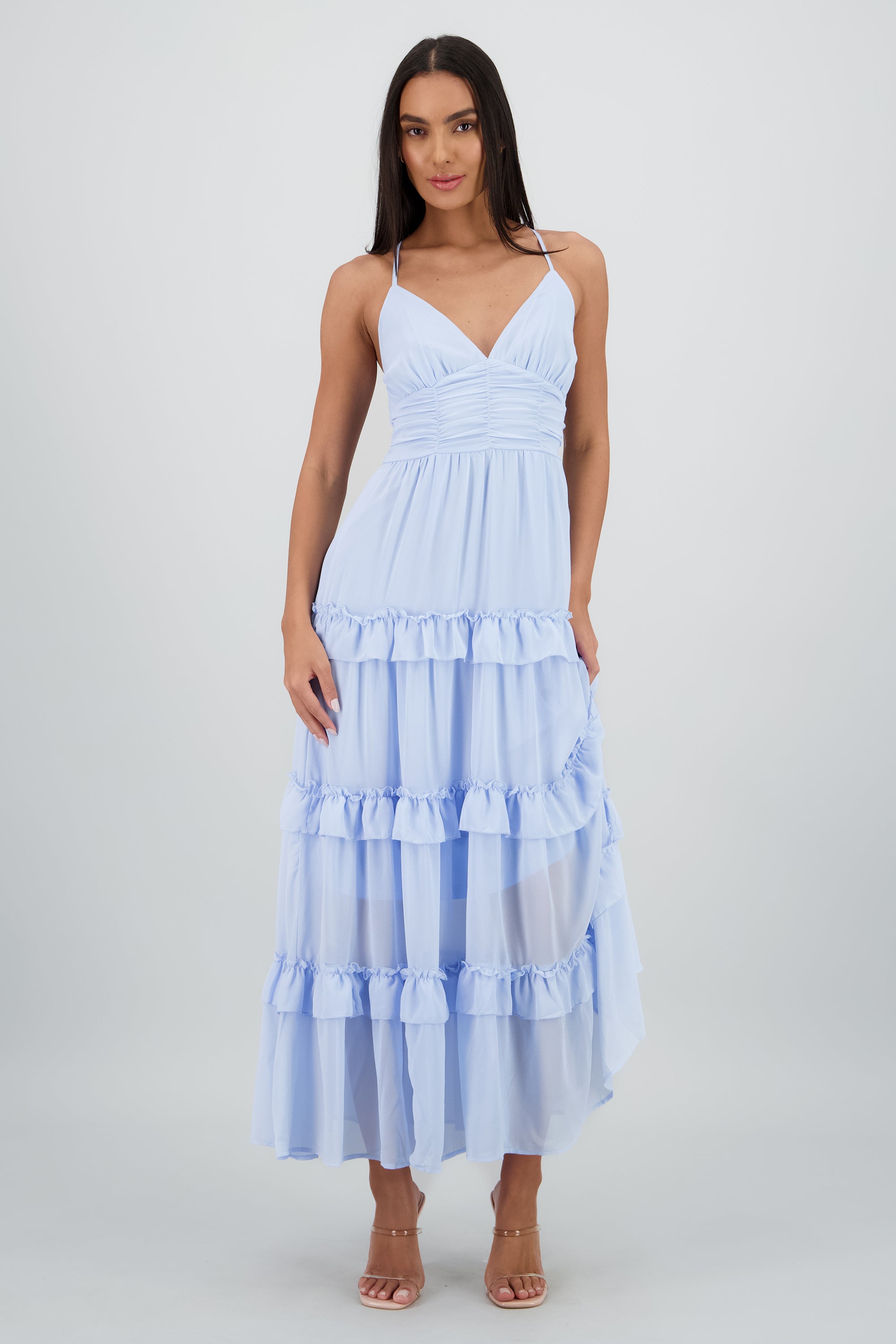 Maxi vestido con volumen y olanes AZUL CIELO