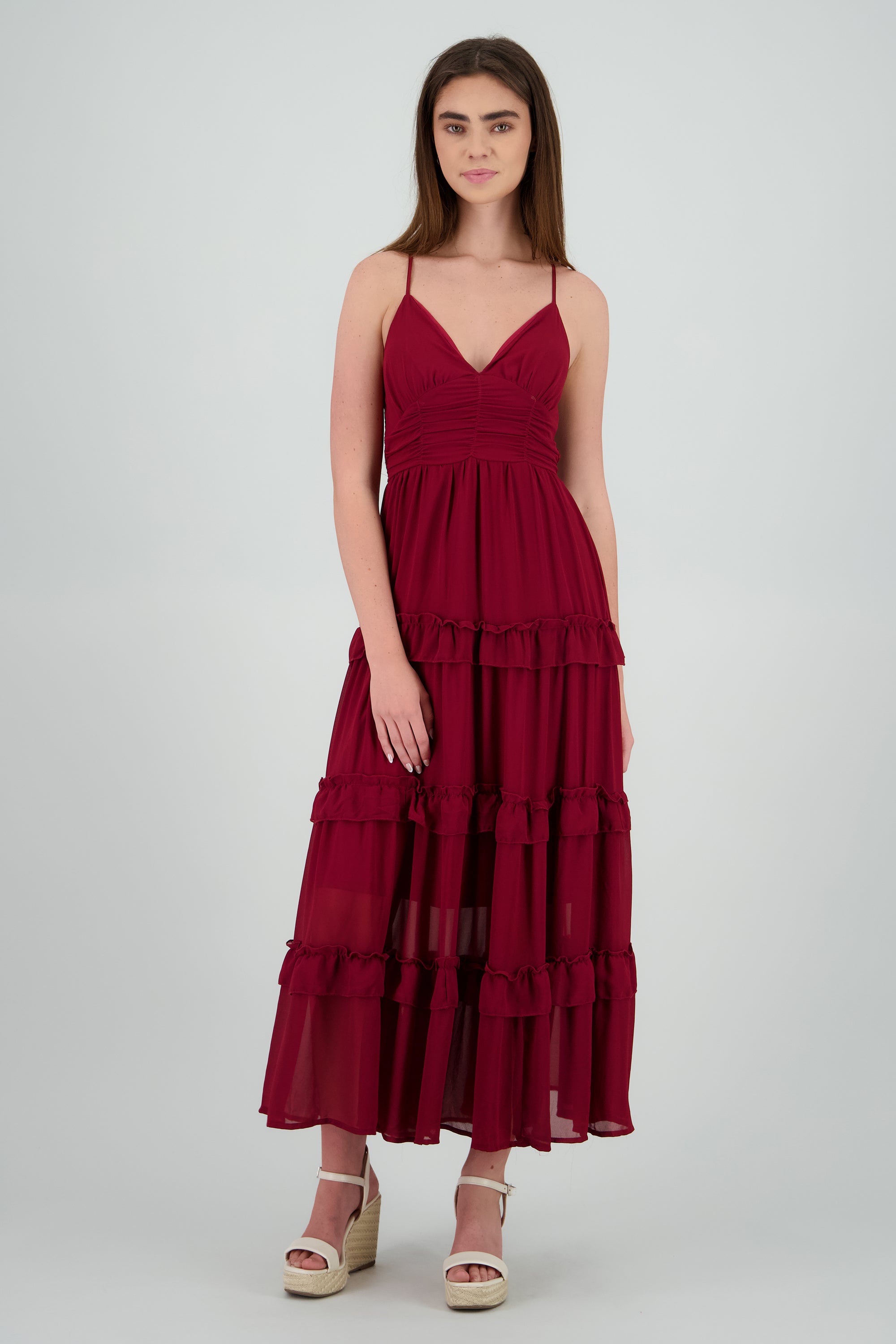 Maxi vestido con volumen y olanes VINO