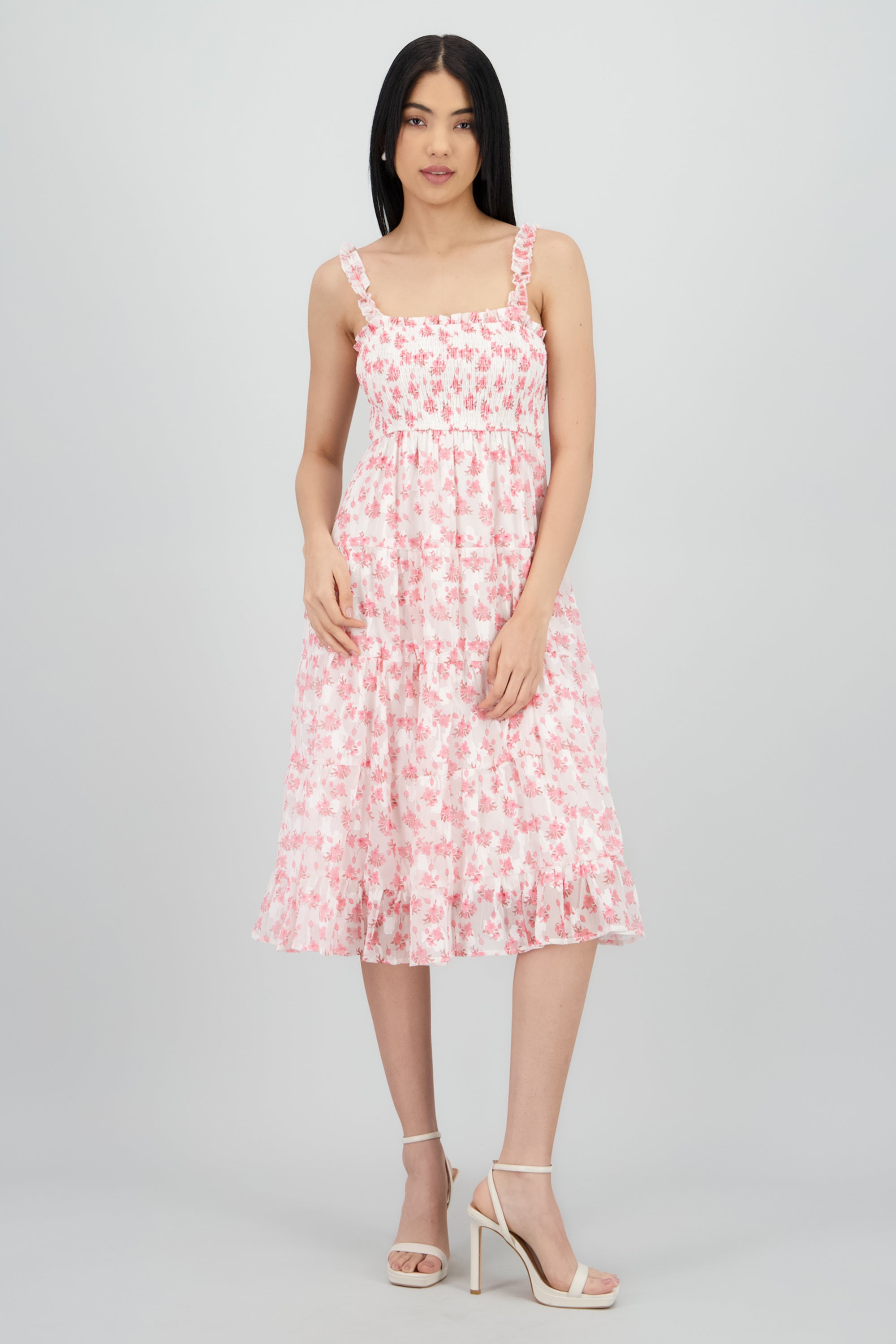 Vestido midi smocked flores ROSA COMBO