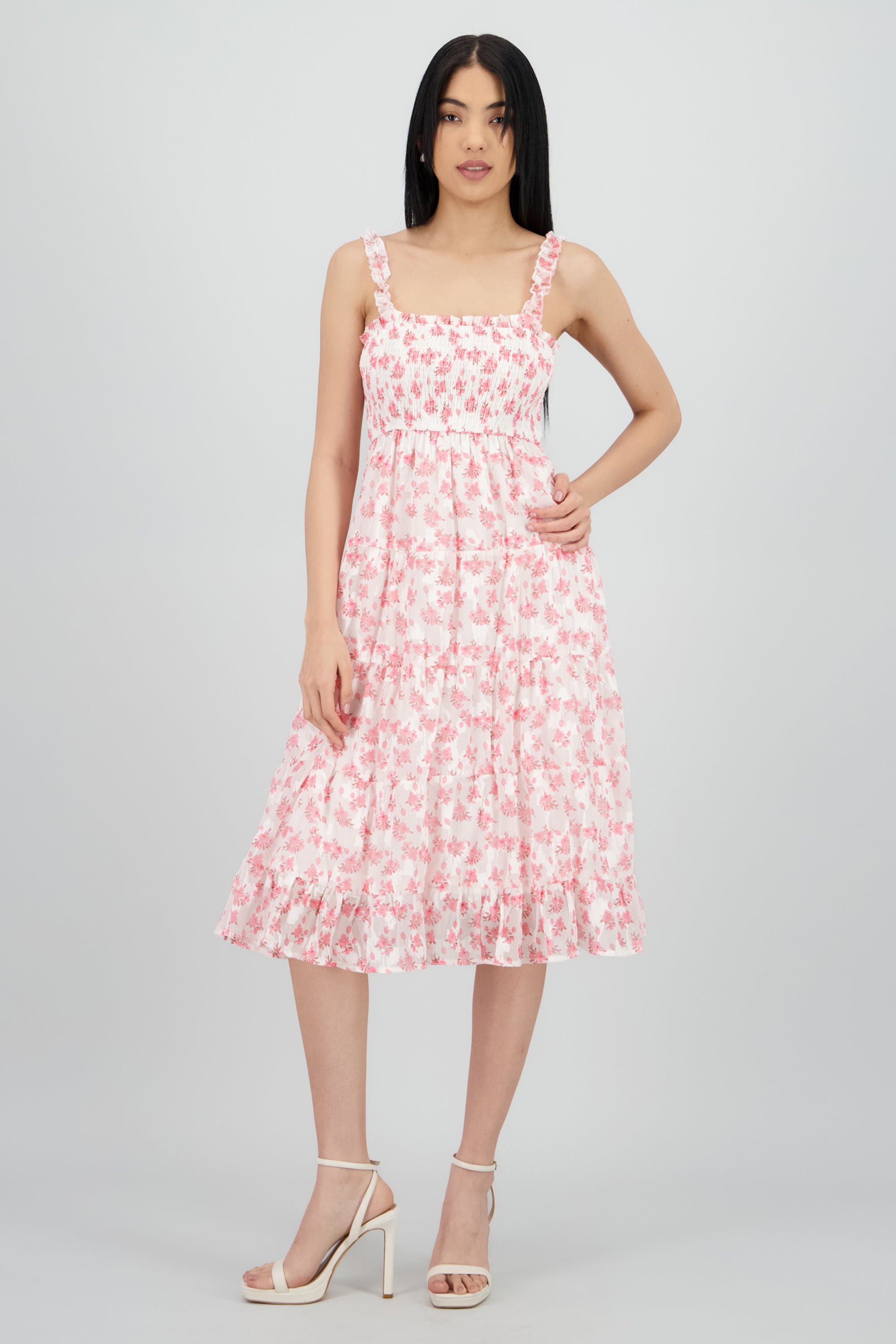 Vestido midi smocked flores ROSA COMBO