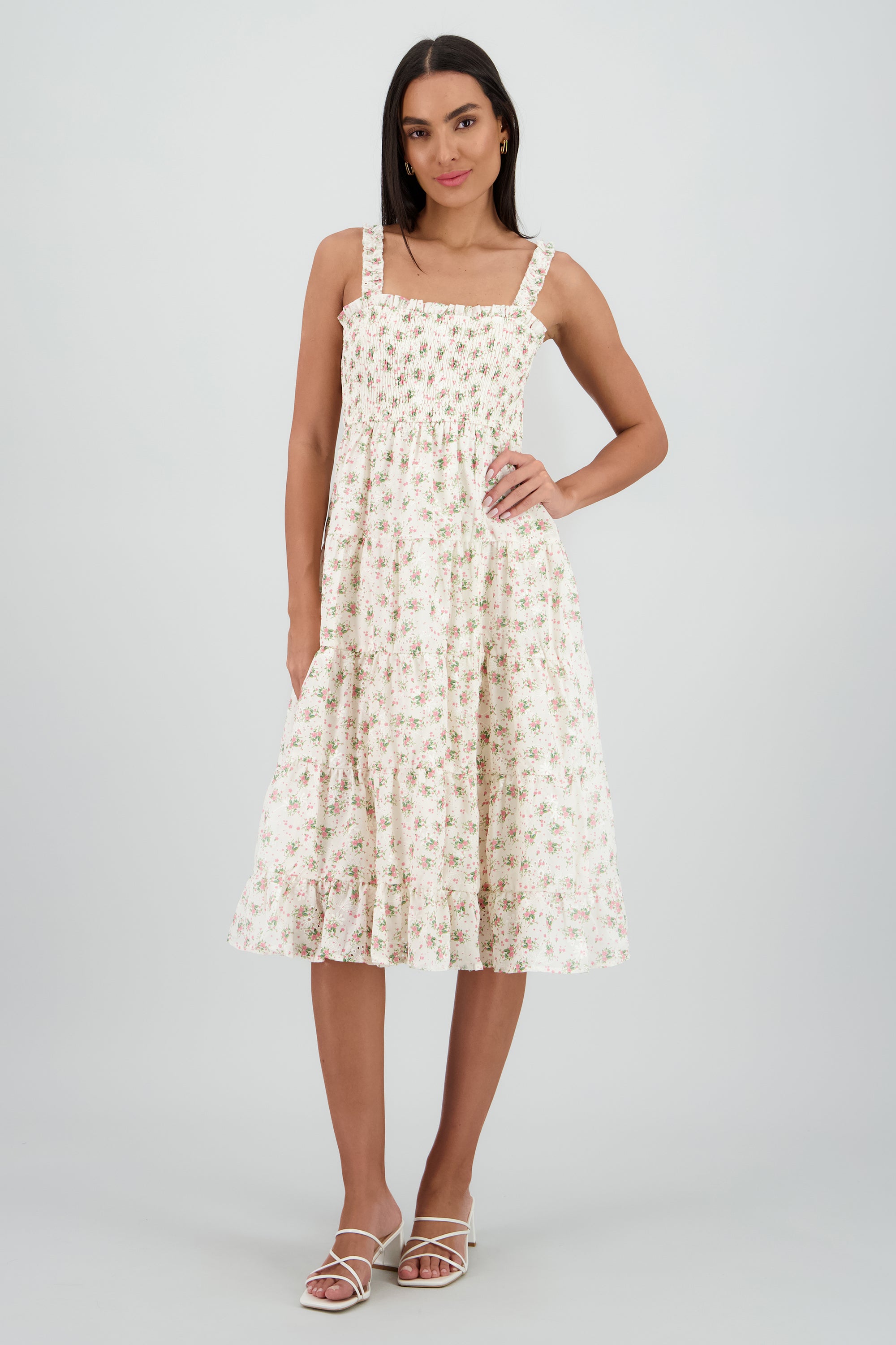 Vestido maxi bordado flores HUESO COMBO