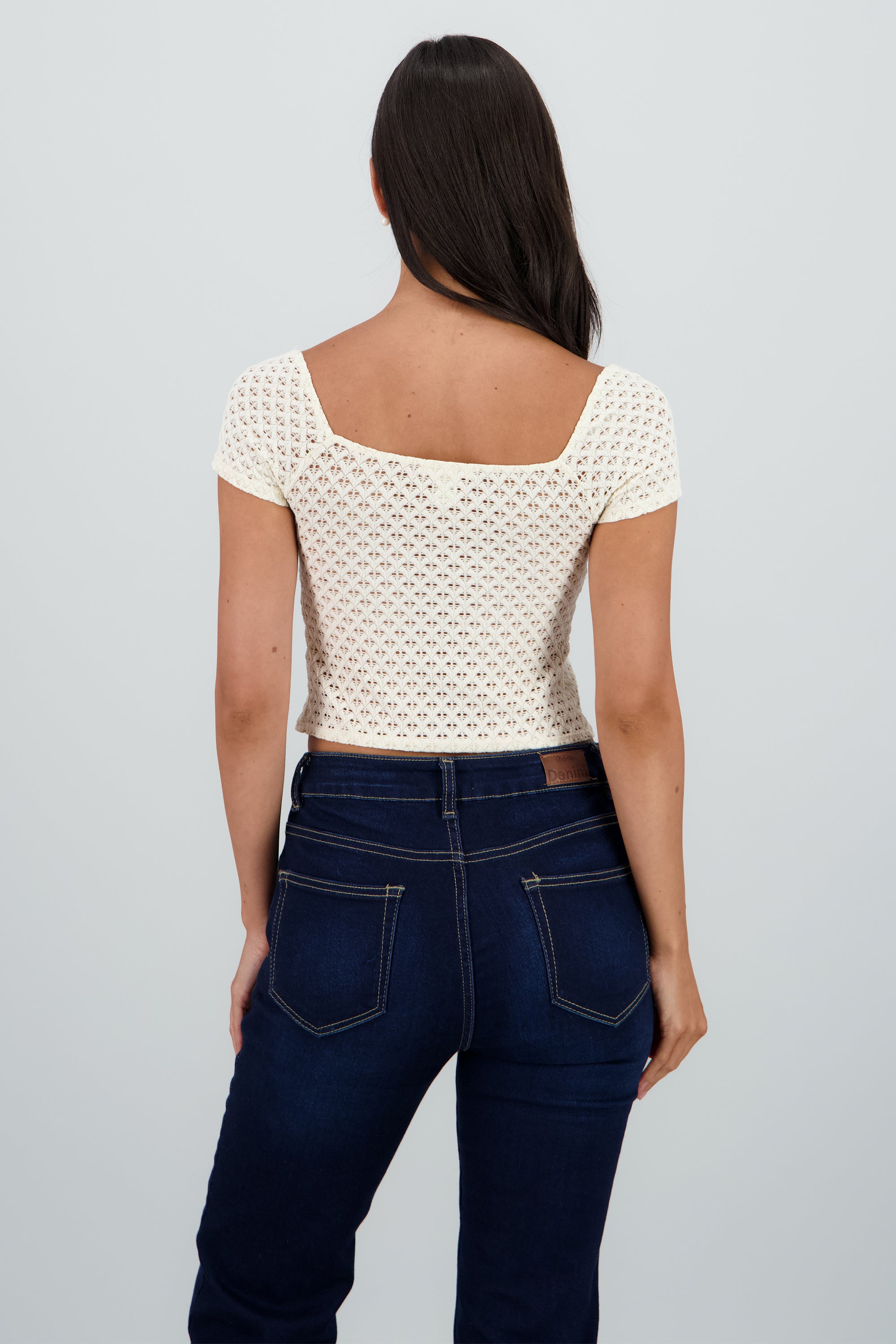 Blusa tejida manga corta con detalle de moño CREMA