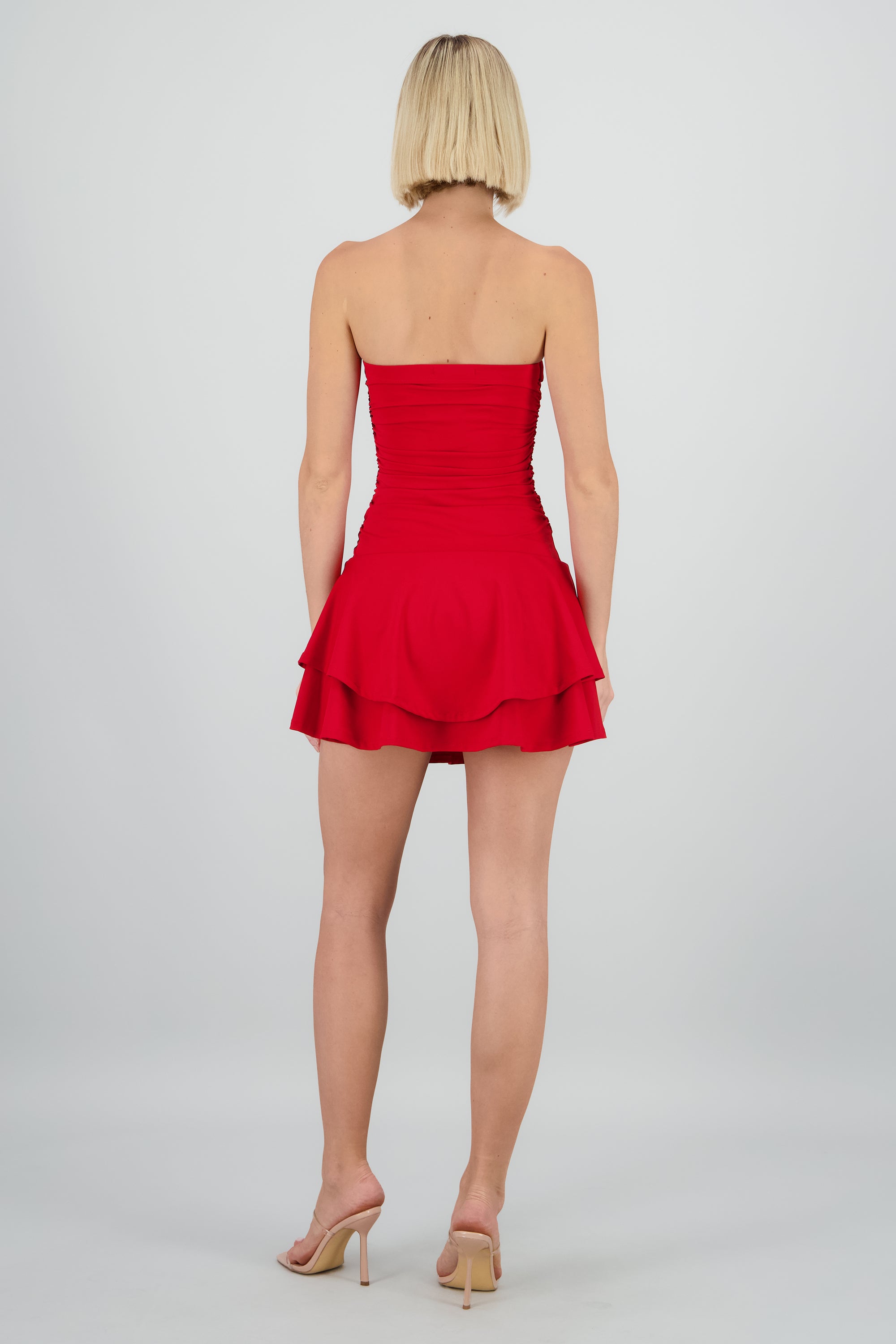 Vestido mini drapeado strapless ROJO