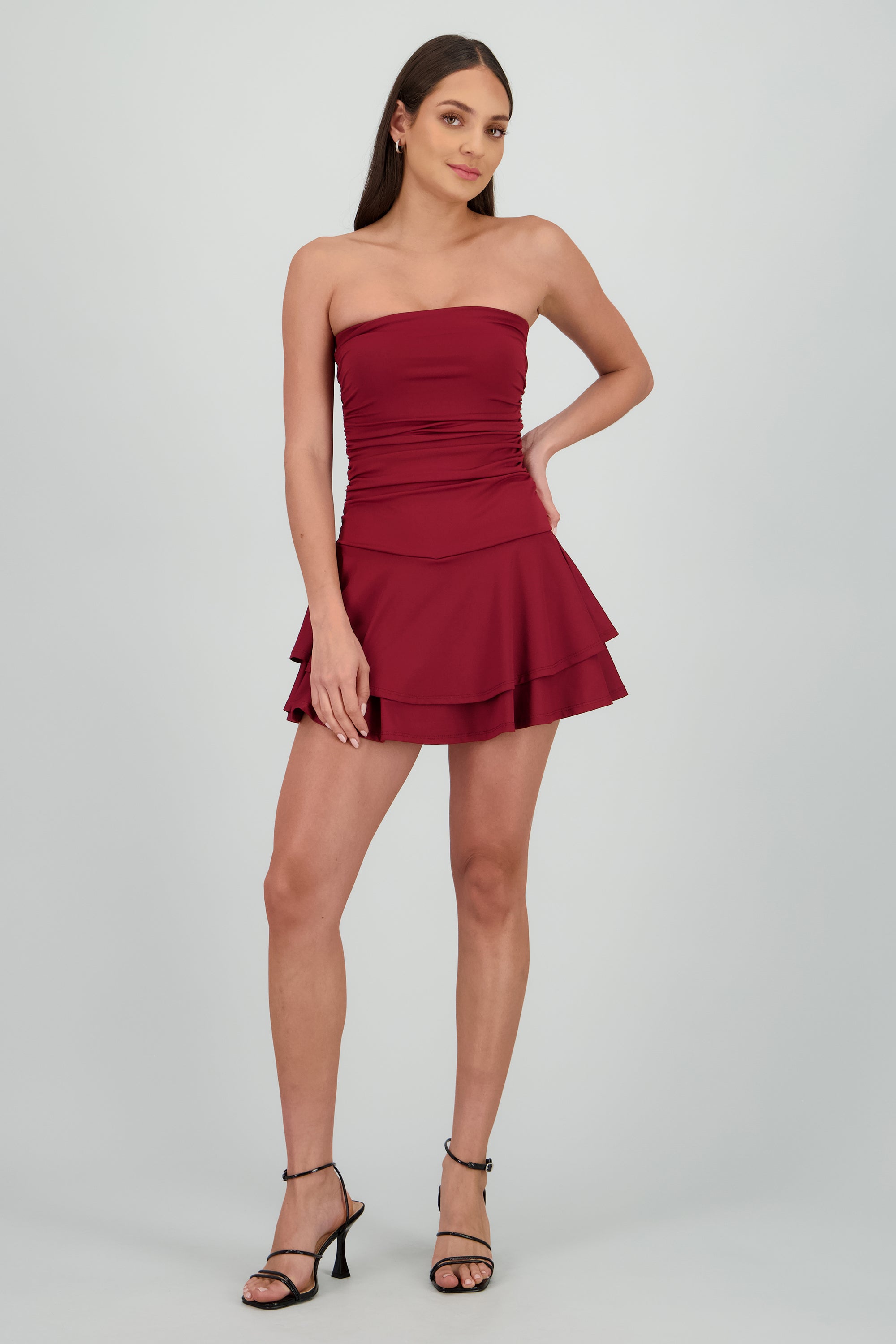 Vestido mini drapeado strapless VINO