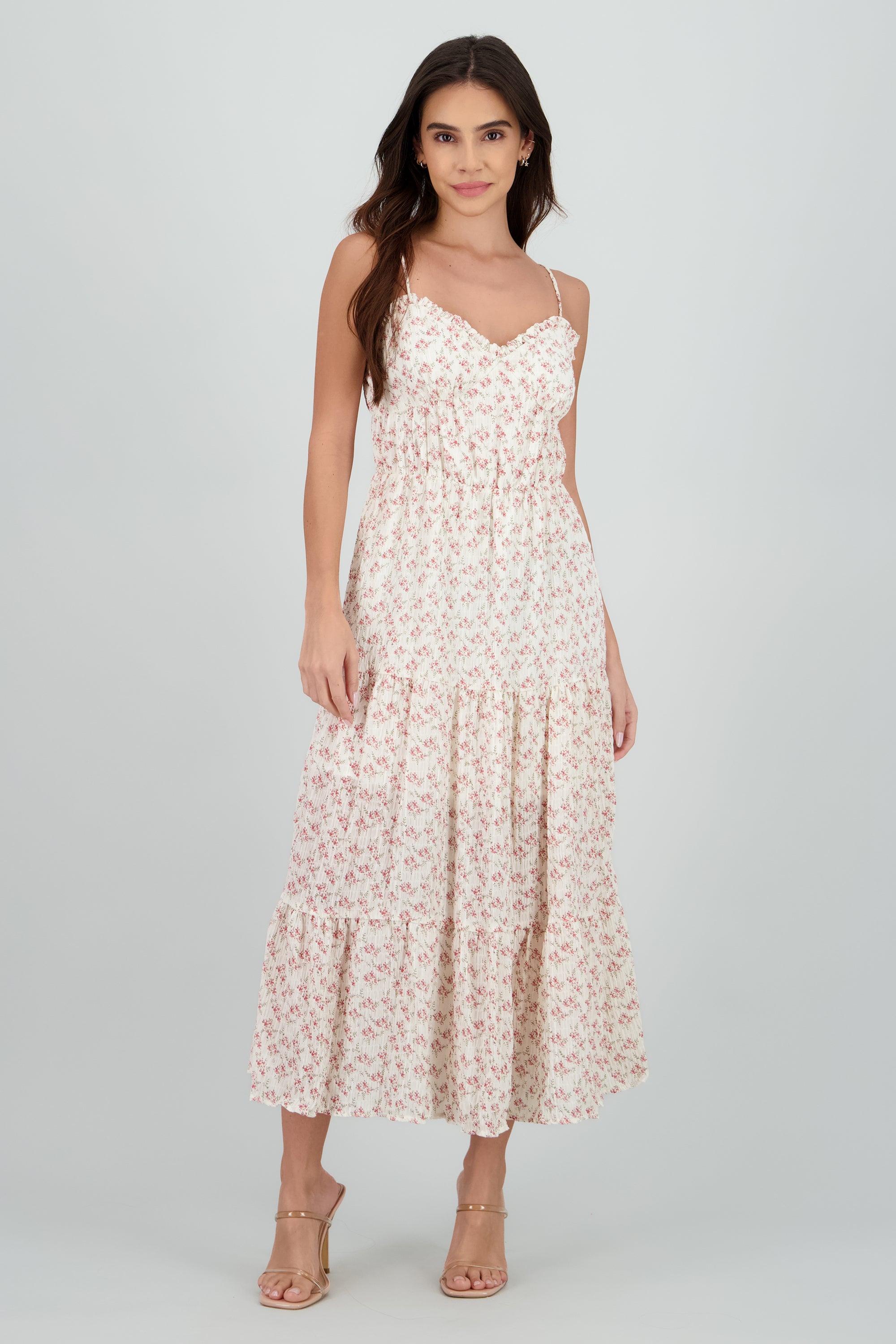 Vestido maxi mini flores tirantes HUESO COMBO