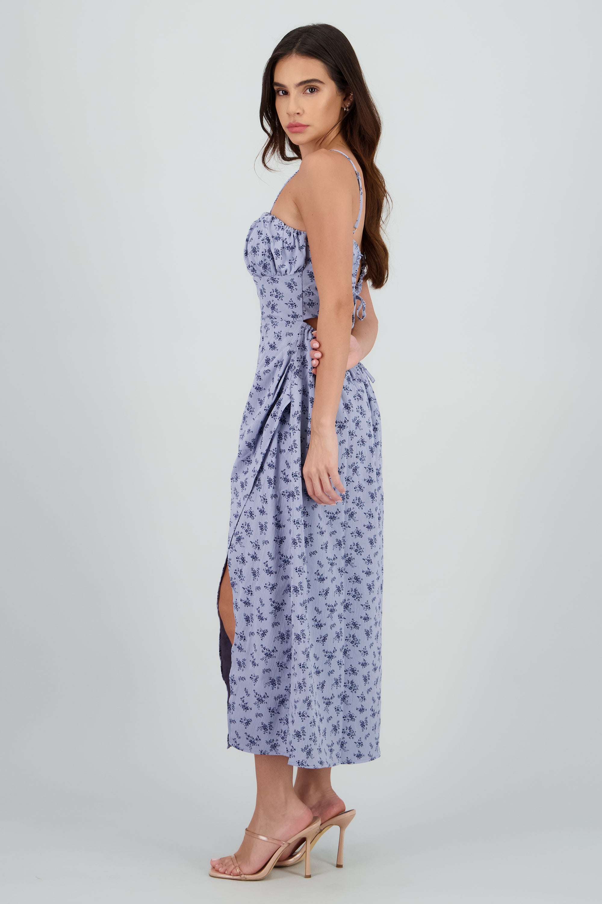 Vestido midi flores con abertura AZUL
