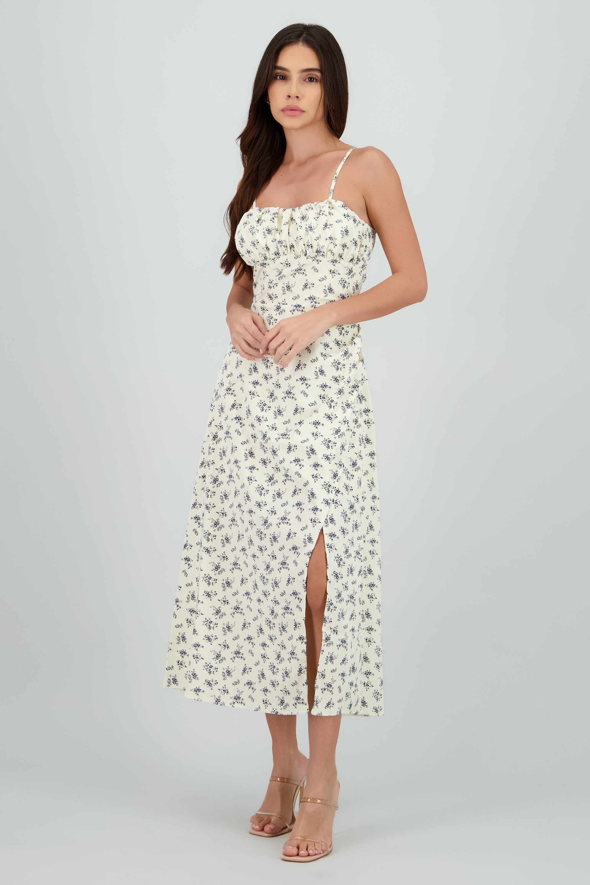 Vestido midi flores con abertura CREMA