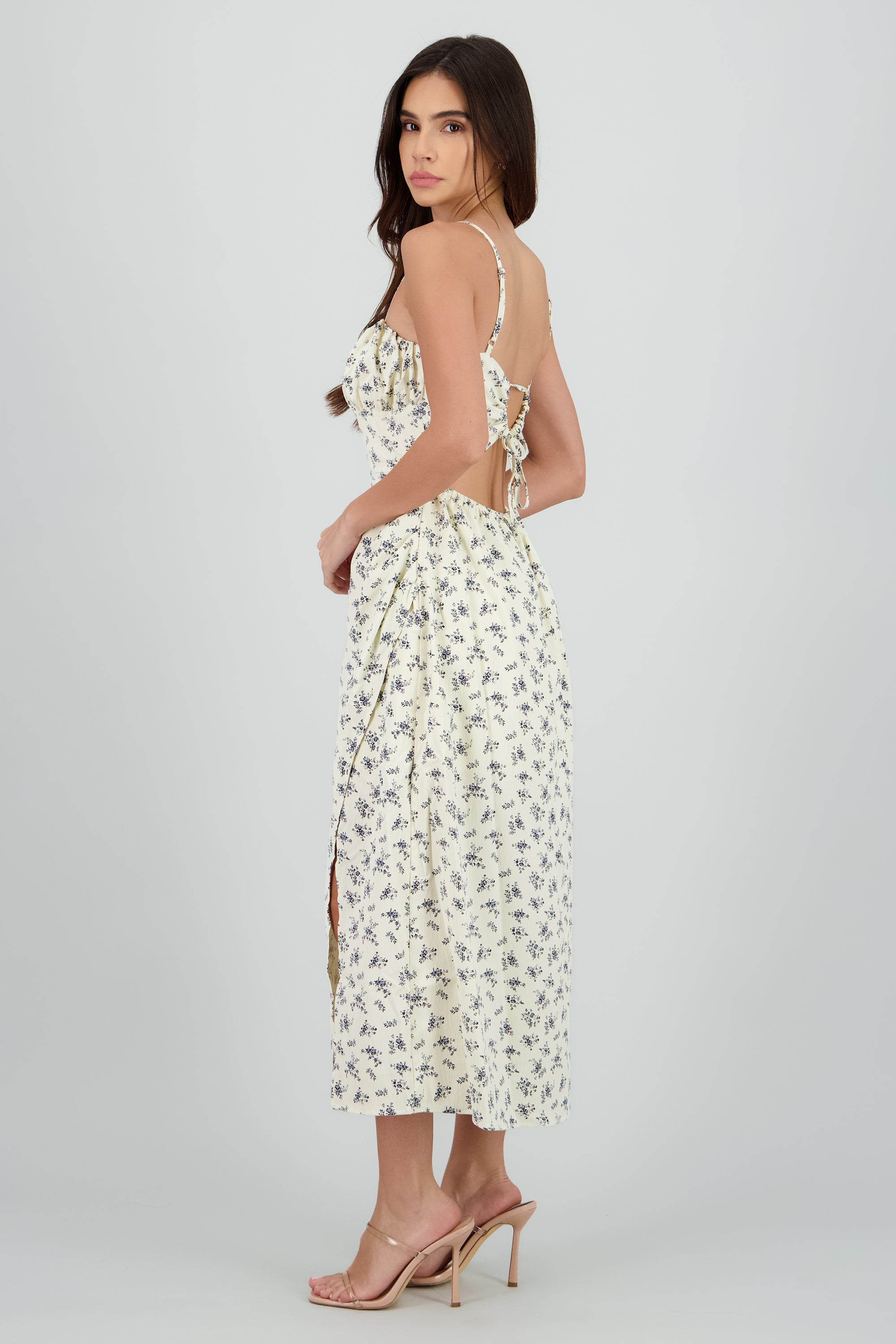 Vestido midi flores con abertura CREMA