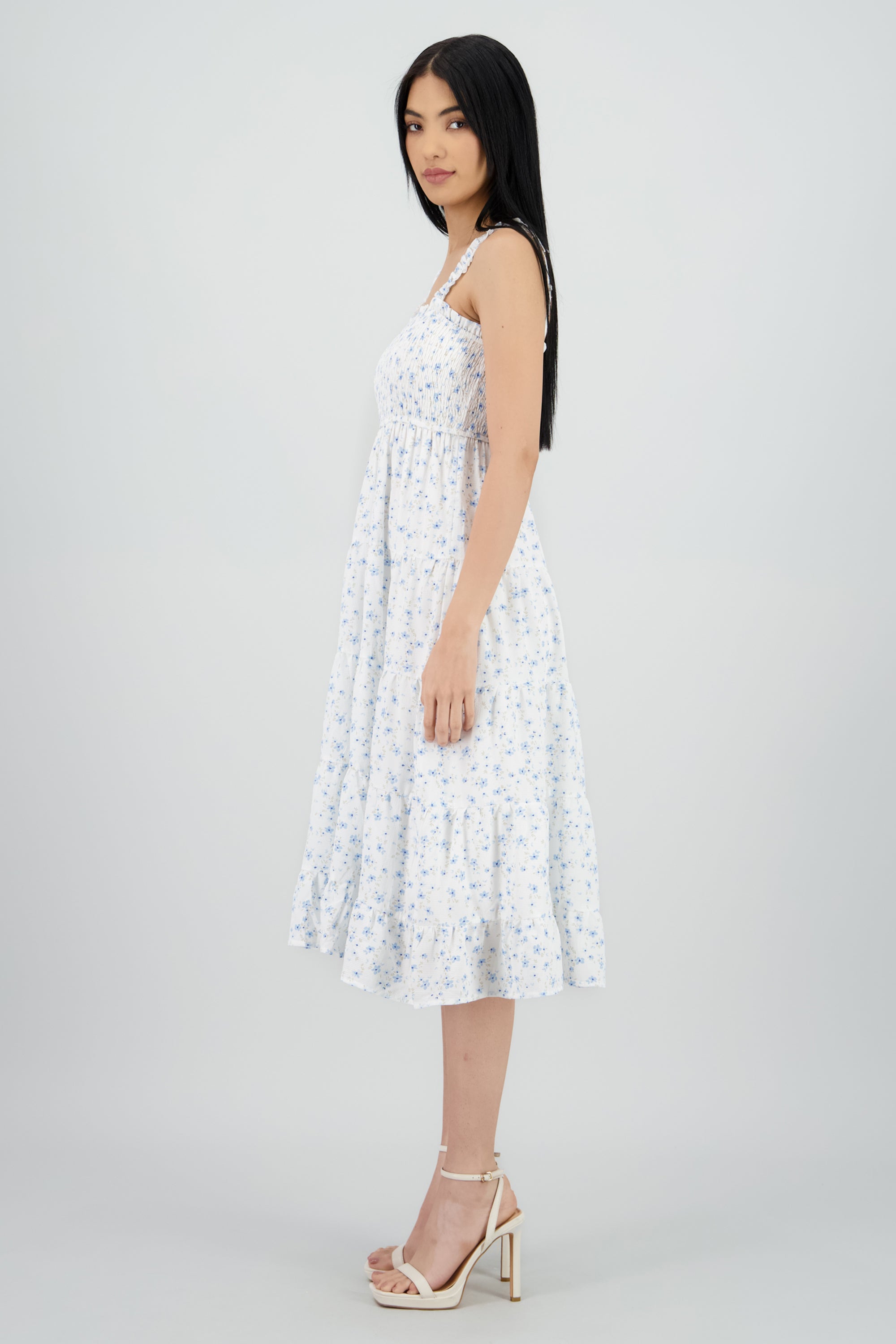 Vestido midi smocked flores AZUL COMBO